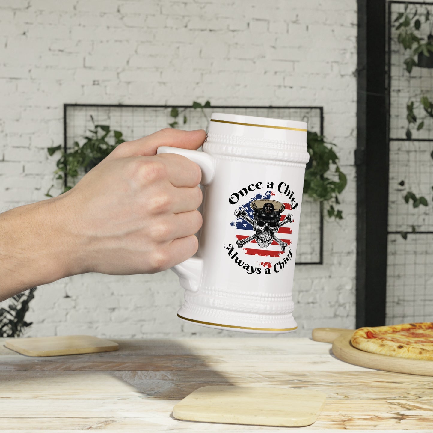 US Navy Once A Chief Always A Chief Skull & Crossbones on American Flag Stein Mug