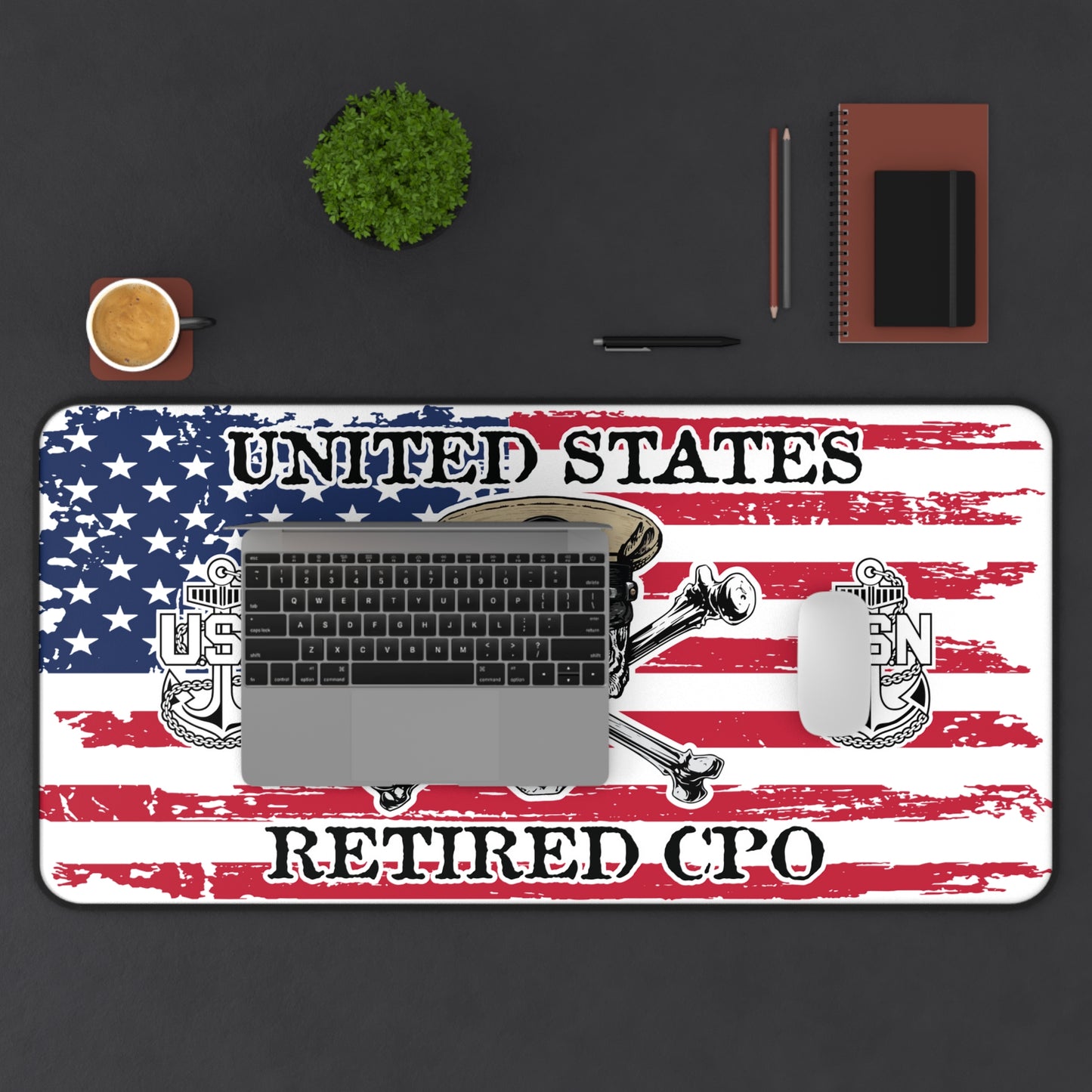 United States Retired CPO Skull Crossbones Chief with Distressed American Flag Desk Mat