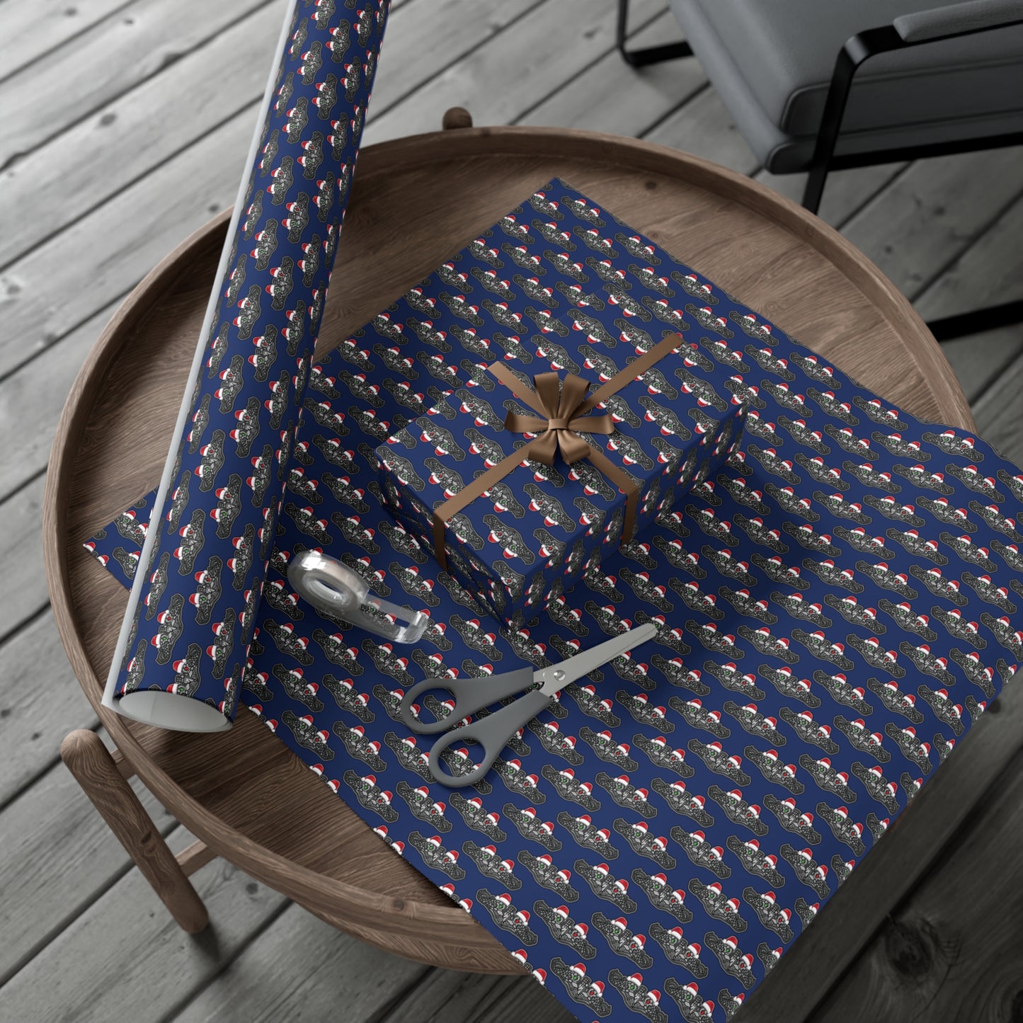 United States Navy Submarine Force Silver Enlisted Dolphins Christmas Hats with Red and Green Eyes Blue Gift Wrap Papers