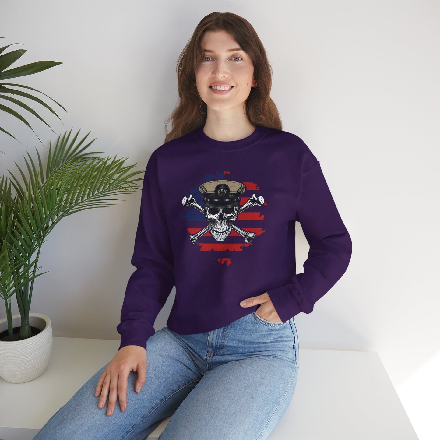 Naval Chief Skull & Crossbones CPO on Distressed American Flag Unisex Heavy Blend™ Crewneck Sweatshirt