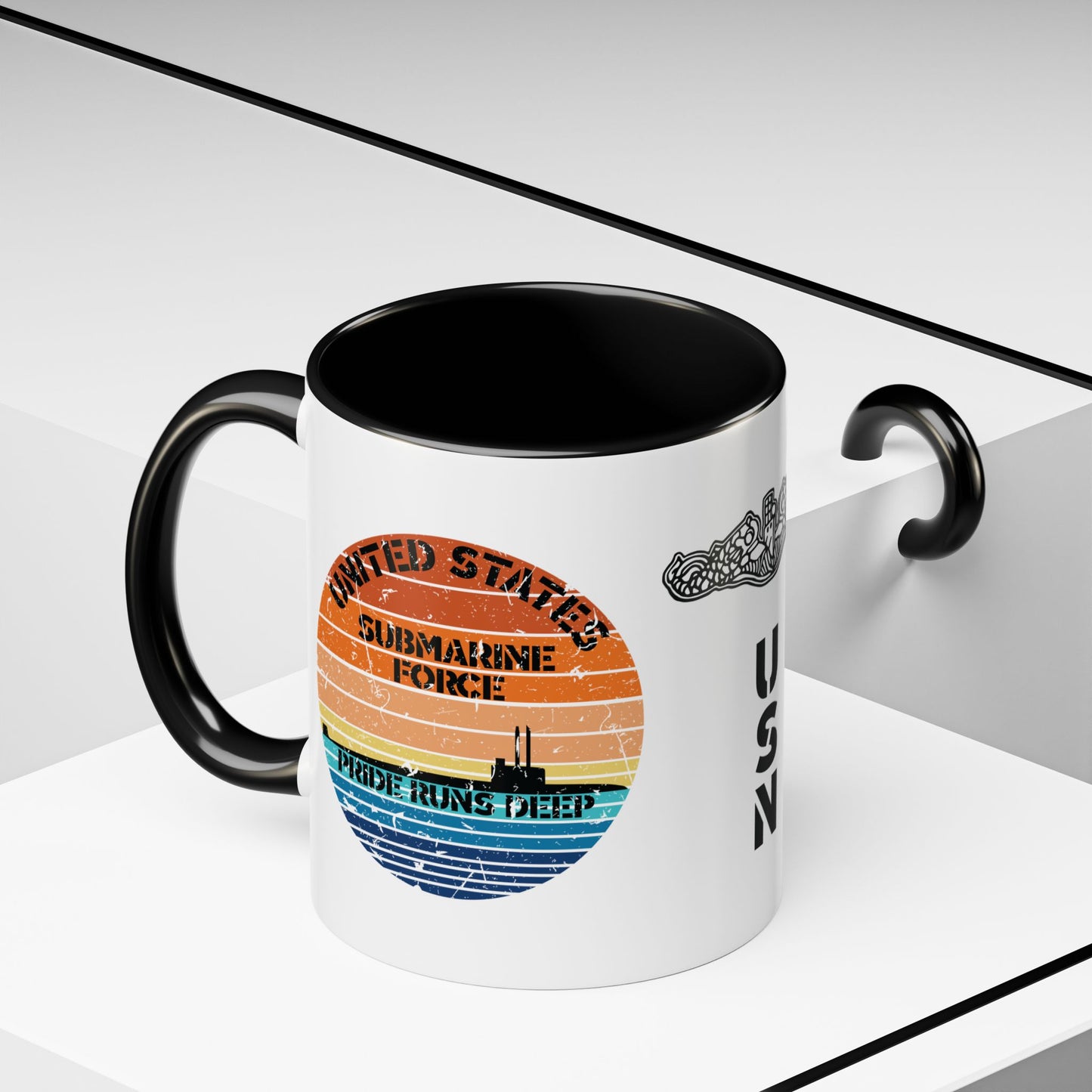 Sunset United States Navy Submarine Force Pride Runs Deep Distressed Accent Coffee Mugs