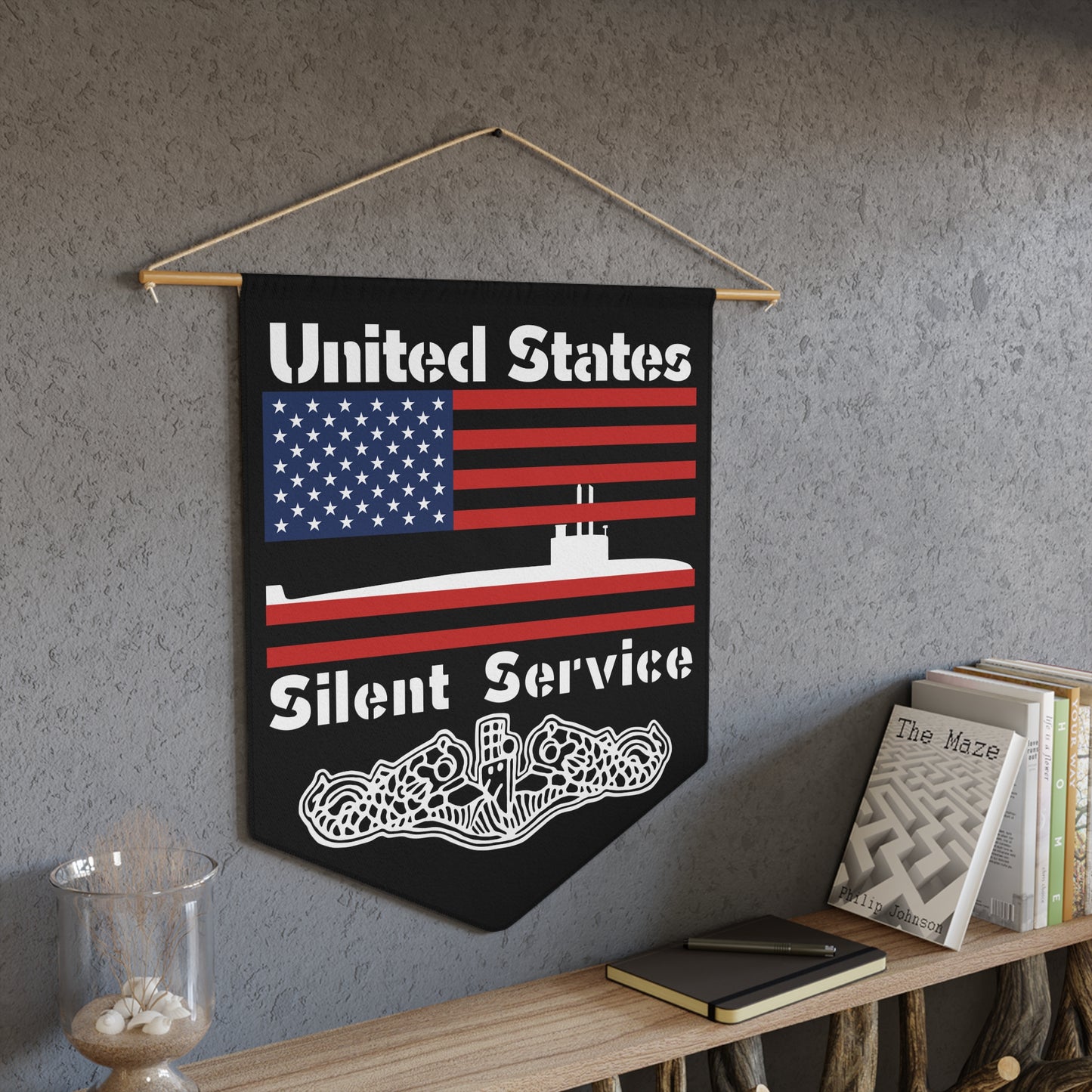 United States Navy Submarine Force Silent Service Flag with Dolphins on Black Pennant