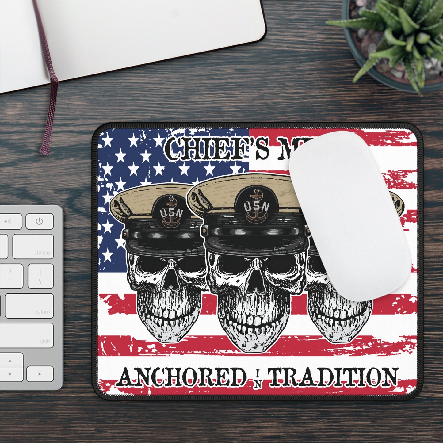 Chief's Mess Anchored Tradition CPO Sailor Skull's with Distressed USA Flag Gaming Mouse Pad