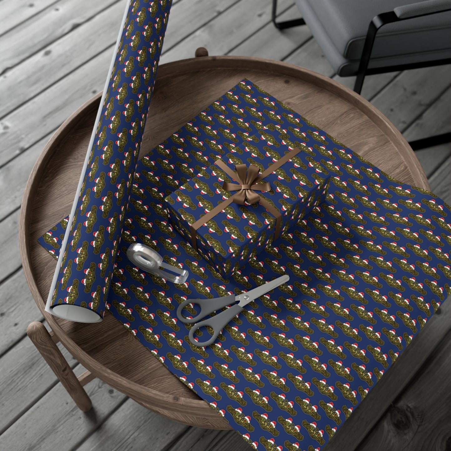 United States Navy Submarine Force Gold Officer Dolphins Christmas Hats with Red and Green Eyes Blue Gift Wrap Papers