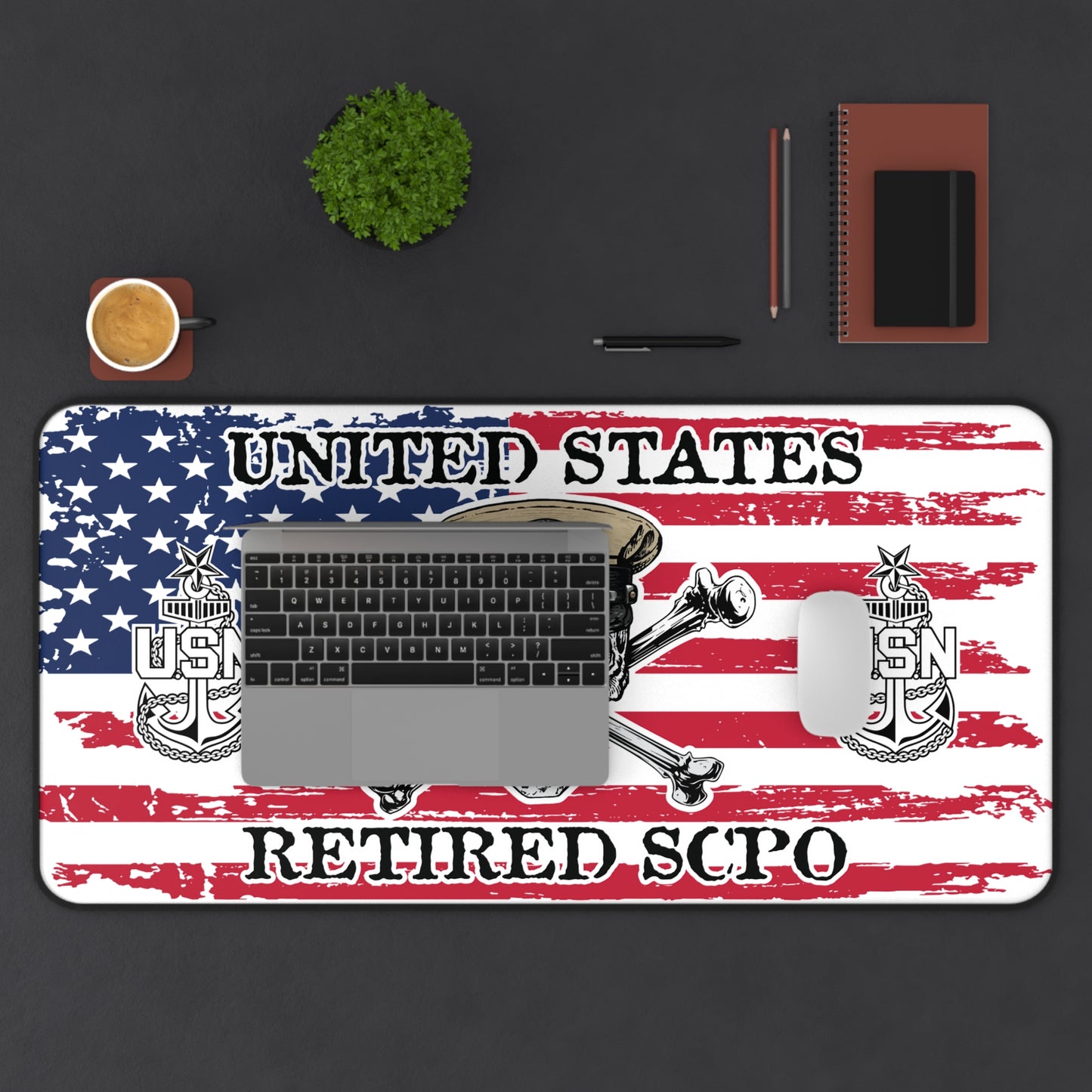 United States Retired SCPO Skull Crossbones Senior Chief with Distressed American Flag Desk Mat