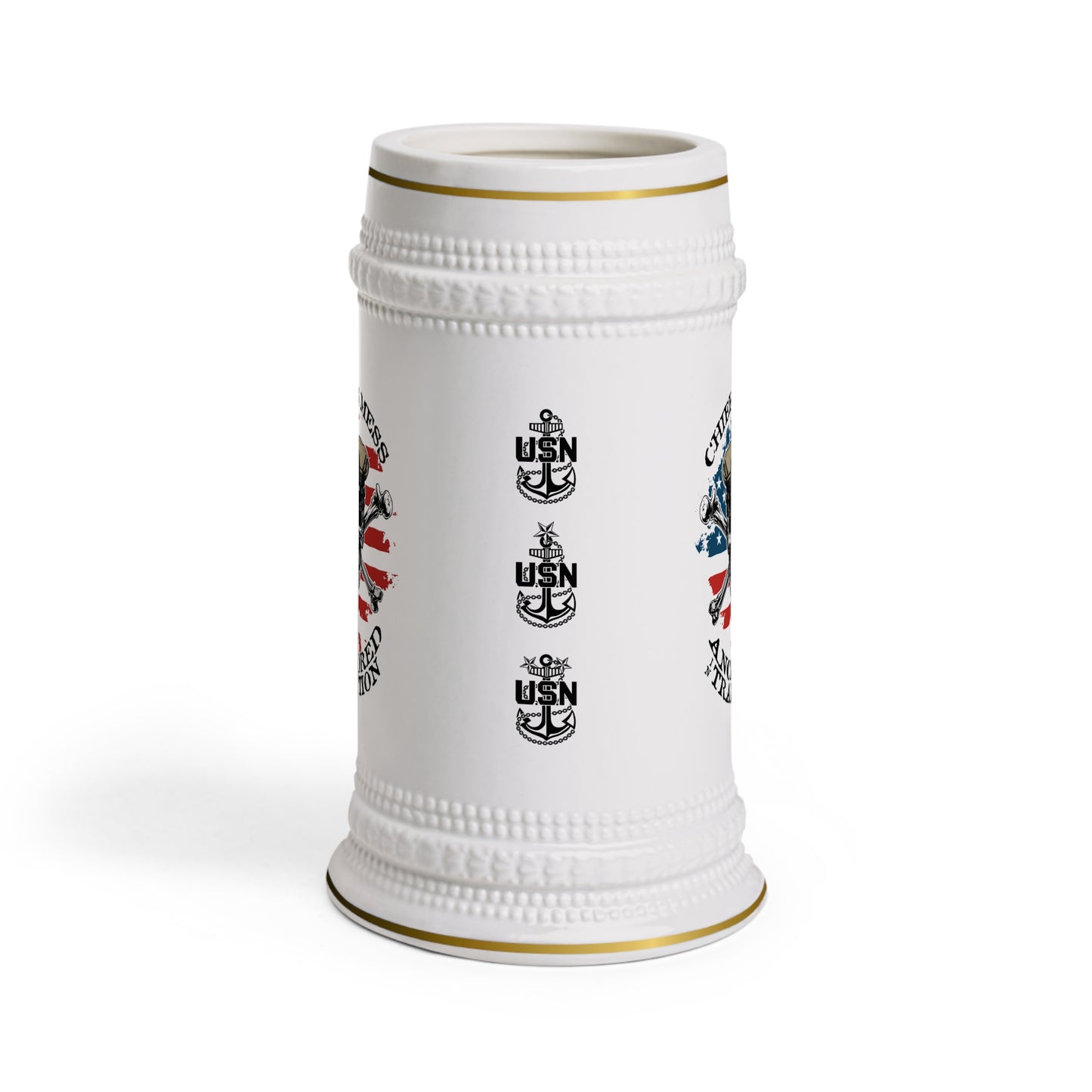 US Navy Chief's Mess Anchored Tradition CPO Skull Crossbones Sailor on Distressed USA Flag Stein Mug