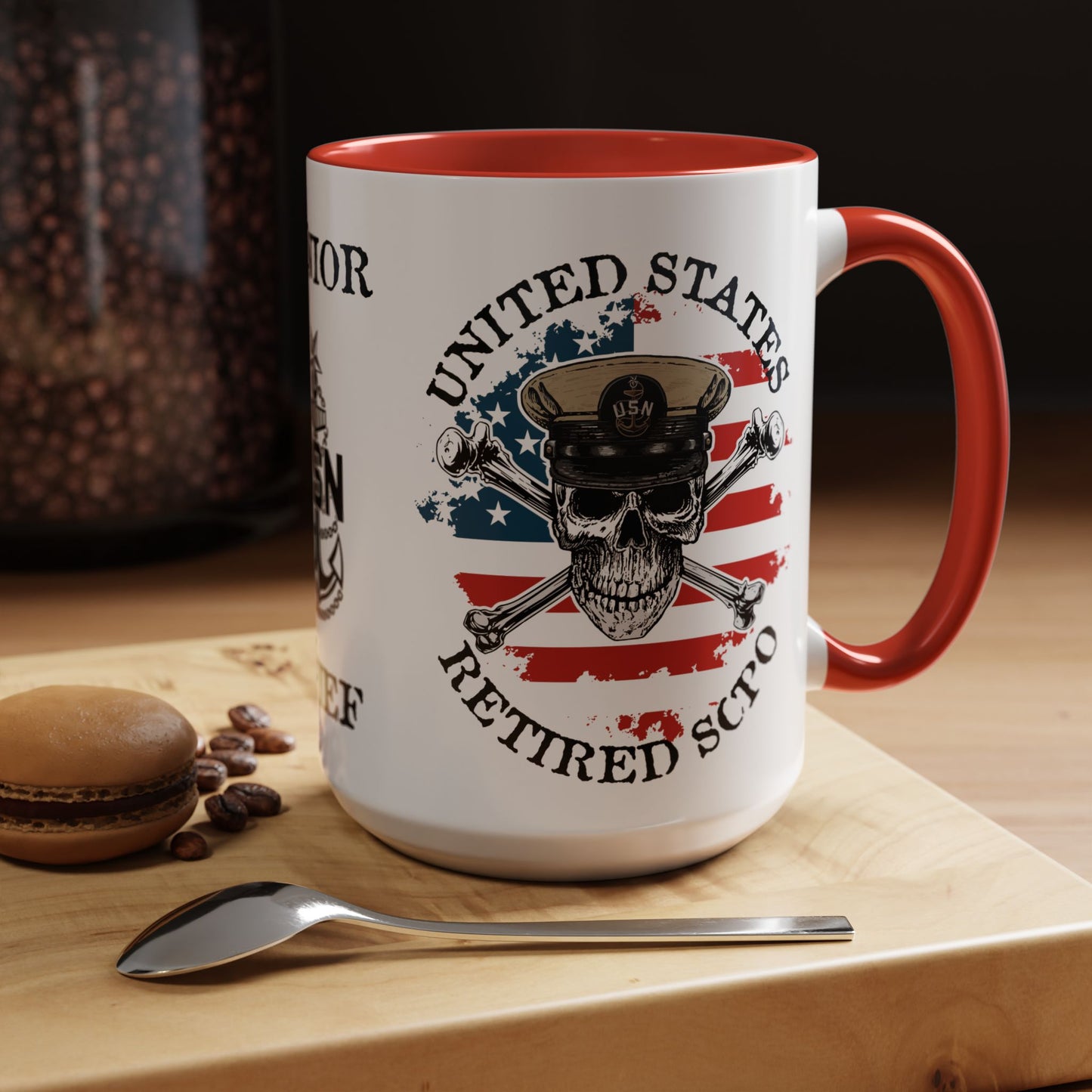 United States Navy Retired SCPO Skull Crossbones Senior Chief Petty Officer Anchor with Distressed USA Flag Accent Coffee Mugs