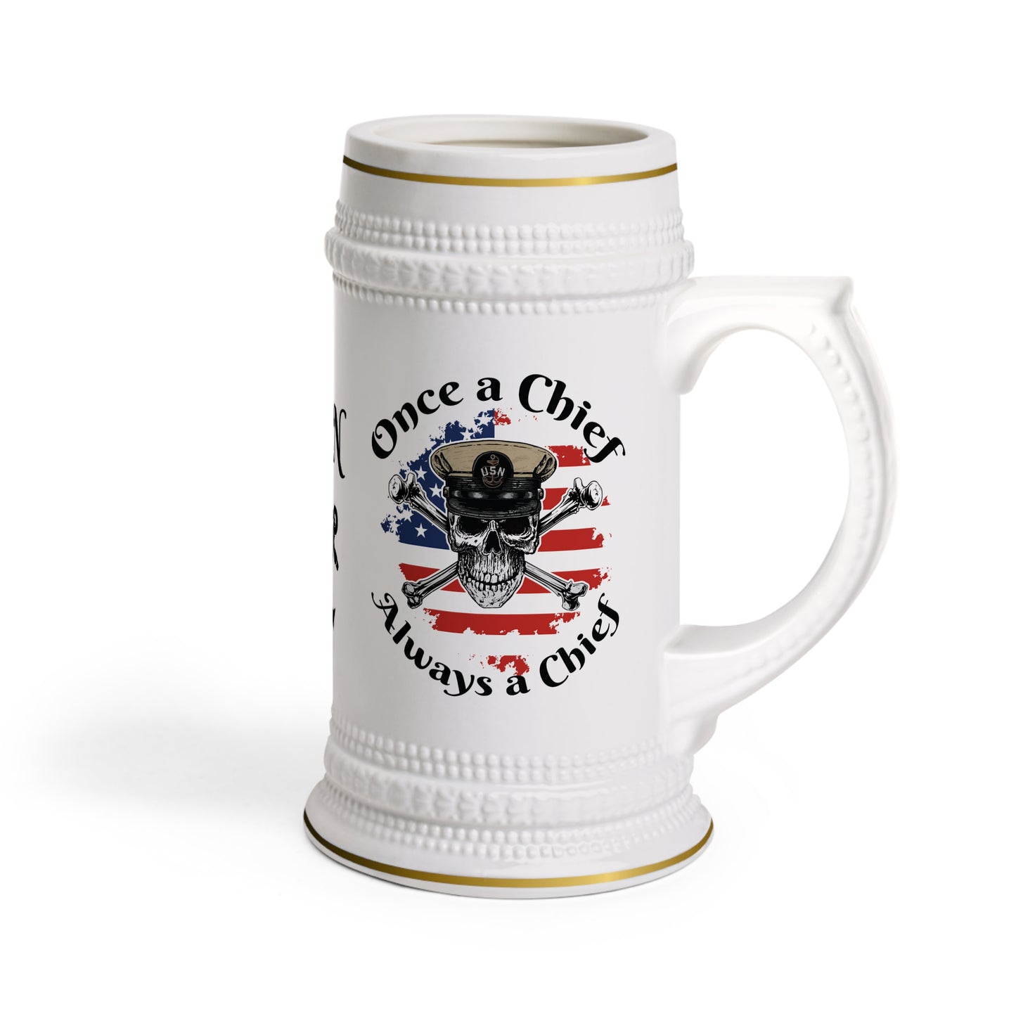 US Navy Once A Chief Always A Chief Skull & Crossbones on American Flag Stein Mug