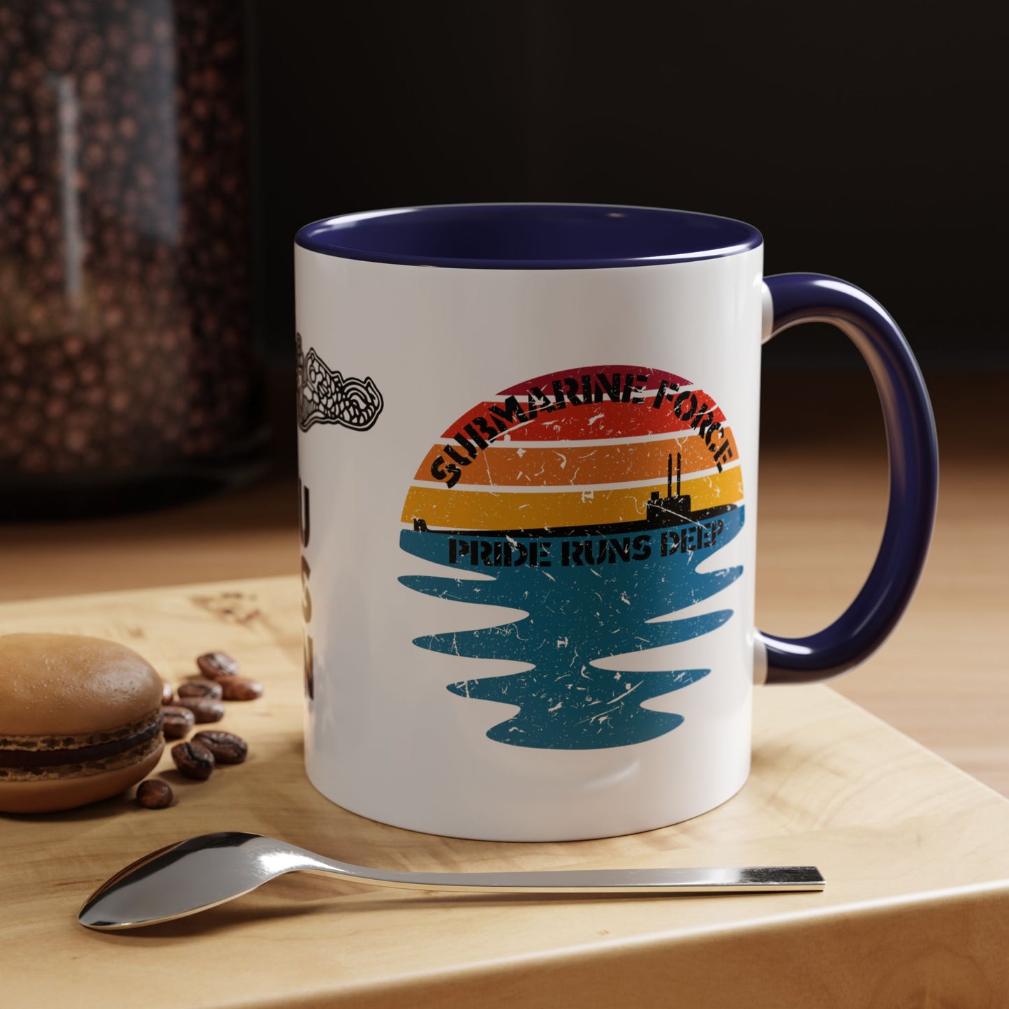 Sunrise United States Navy Submarine Force Pride Runs Deep Distressed Accent Coffee Mugs