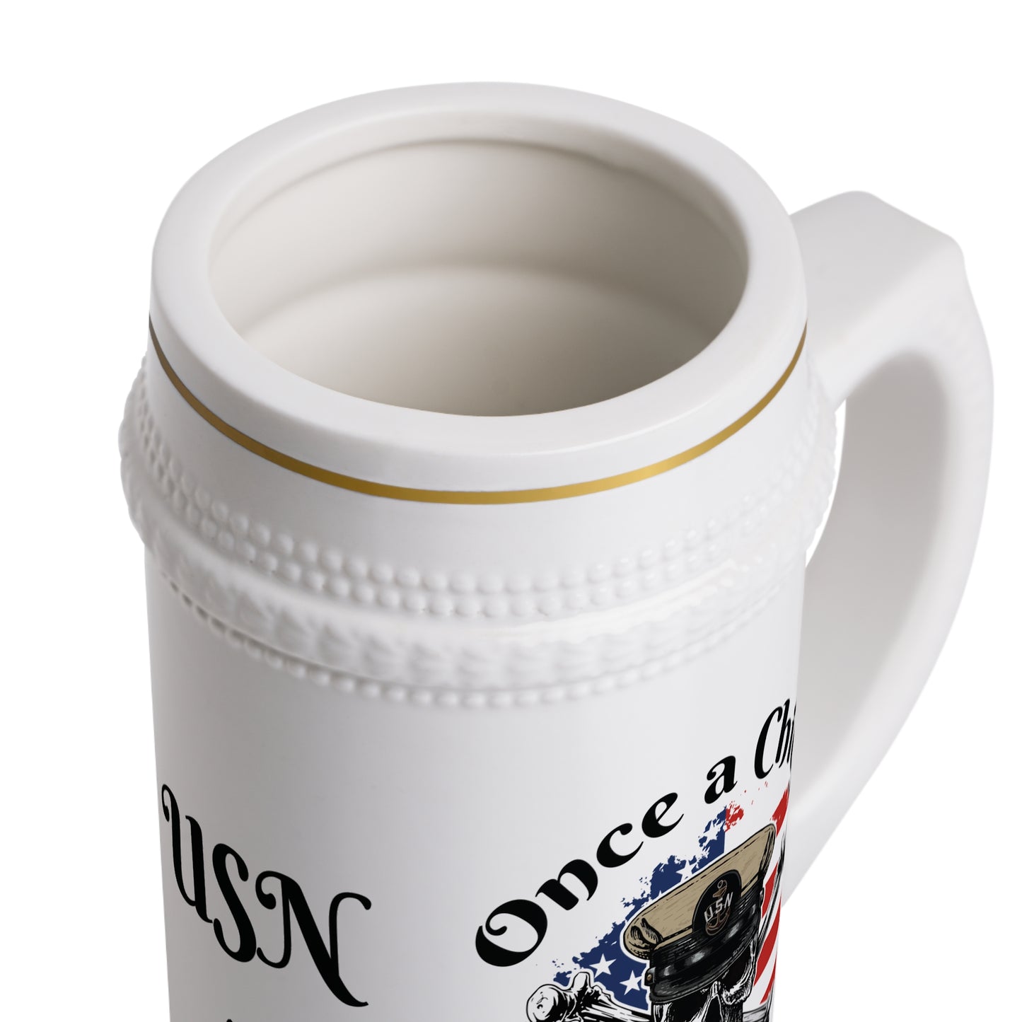 US Navy Once A Chief Always A Chief Skull & Crossbones on American Flag Stein Mug