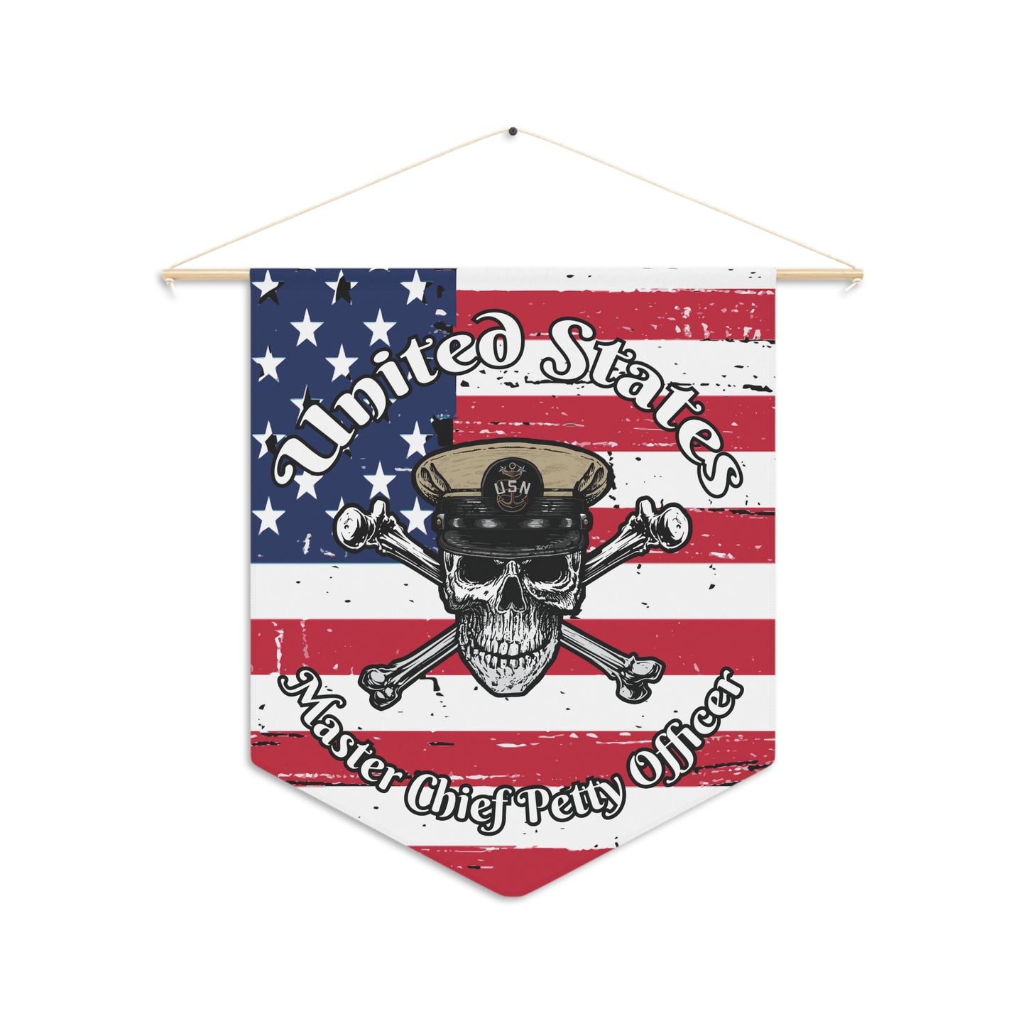 United States Navy Master Chief Petty Officer Skull & Crossbones on Distressed American Flag Pennant