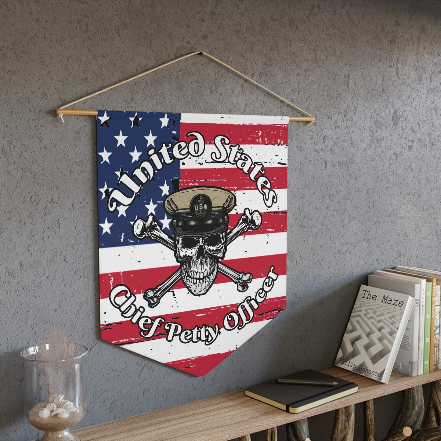 United States Navy Chief Petty Officer Skull & Crossbones on Distressed American Flag Pennant