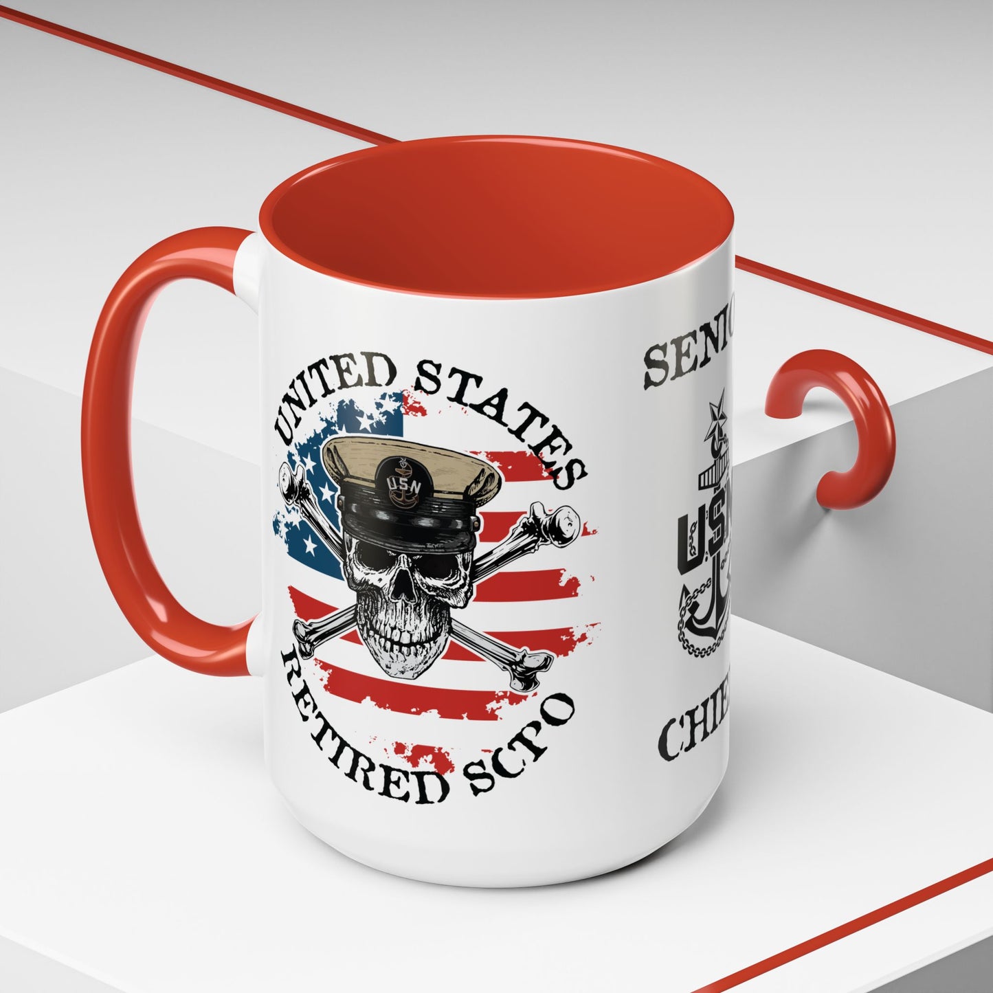 United States Navy Retired SCPO Skull Crossbones Senior Chief Petty Officer Anchor with Distressed USA Flag Accent Coffee Mugs