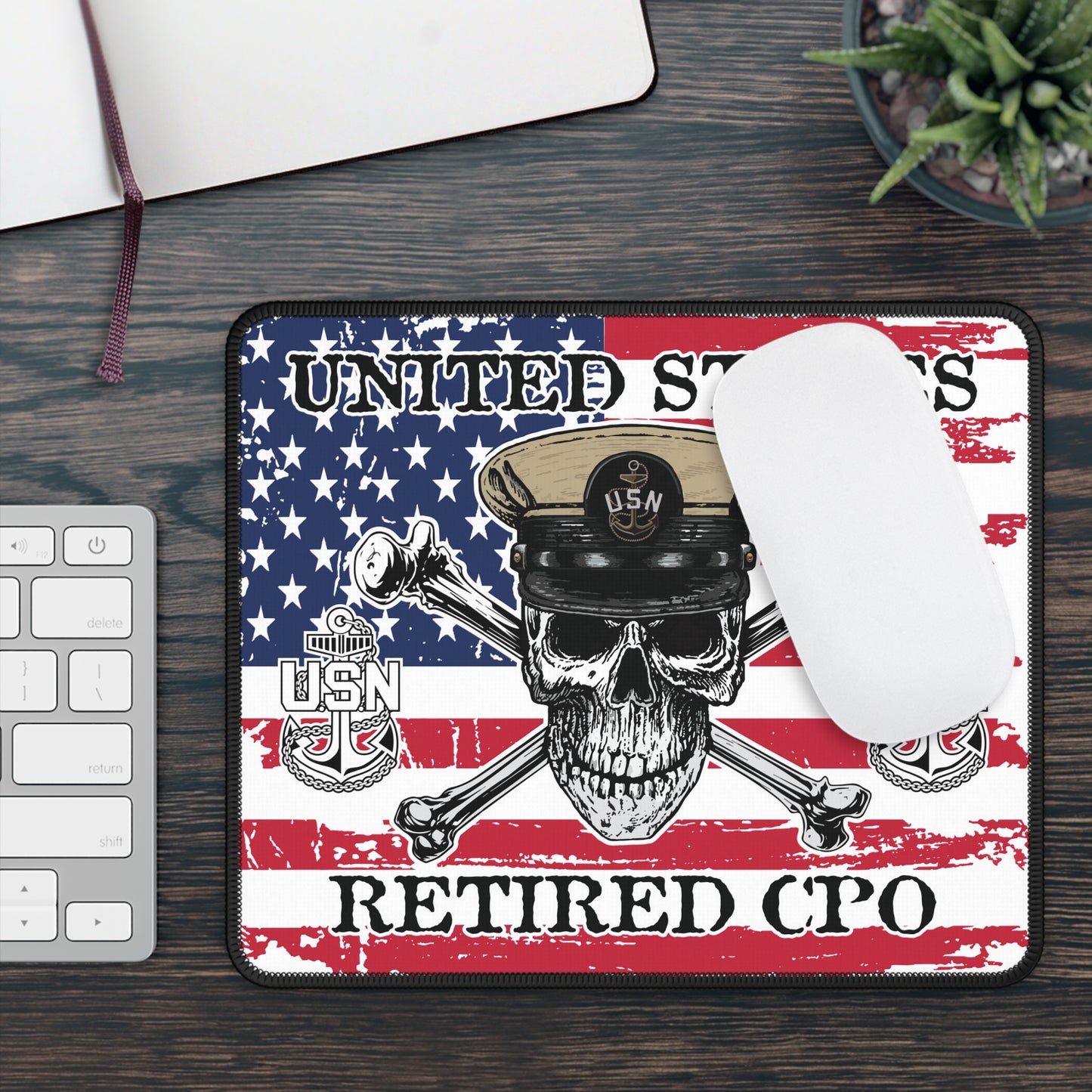 United States Retired CPO Skull Crossbones Chief with Distressed American Flag Gaming Mouse Pad