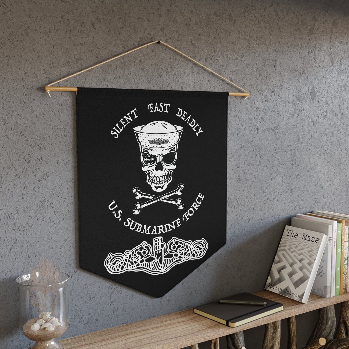US Navy Submarine Force Skull and Crossbones Sailor with Dolphins on Black Pennant