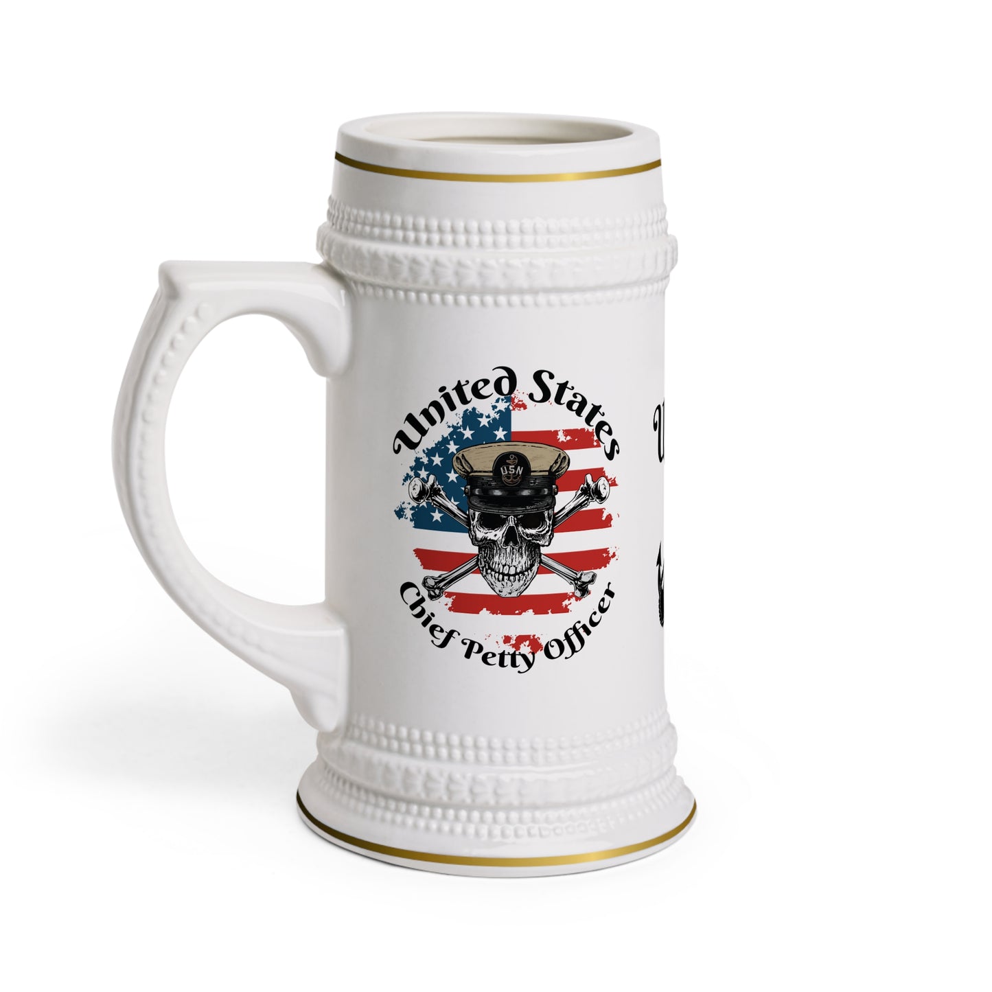 United States Navy Chief Petty Officer Skull & Crossbones on American Flag Stein Mug