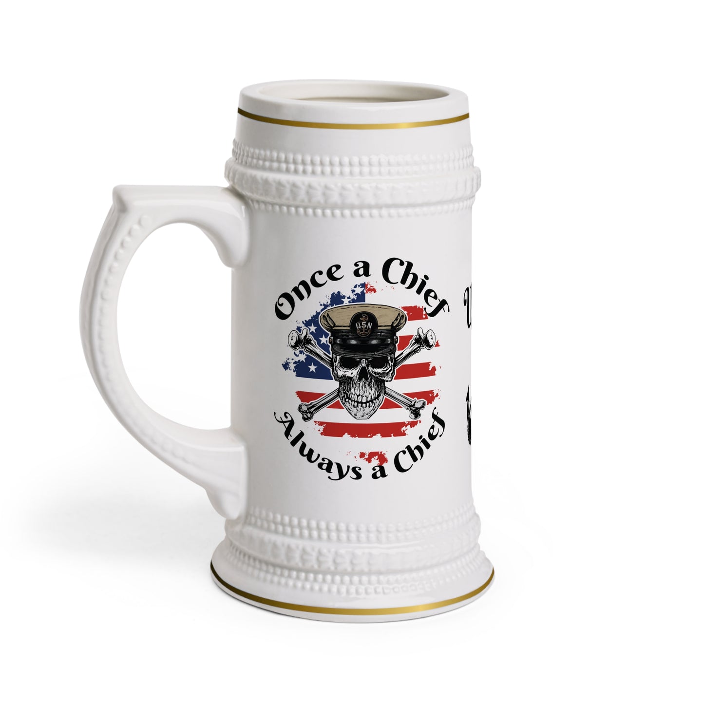 US Navy Once A Chief Always A Chief Skull & Crossbones on American Flag Stein Mug