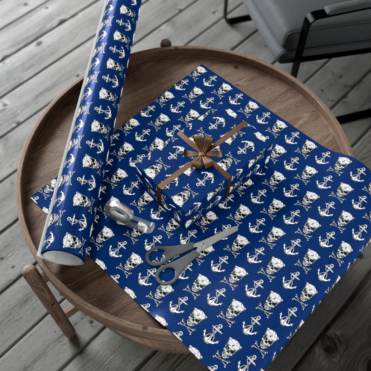 US Navy Sailor Skull Crossbones and Anchors Blue Gift Wrap Papers