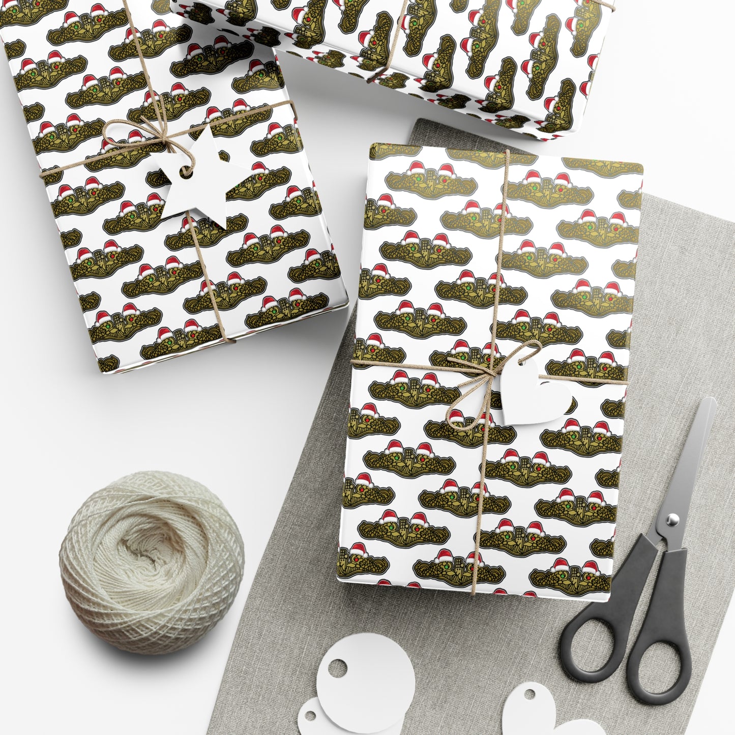 United States Navy Submarine Force Gold Officer Dolphins Christmas Hats with Red and Green Eyes White Gift Wrap Papers