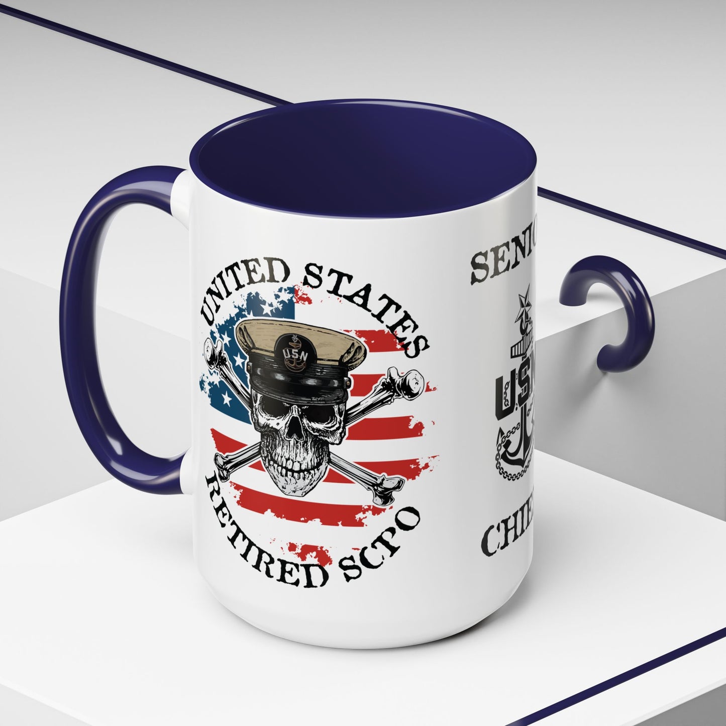 United States Navy Retired SCPO Skull Crossbones Senior Chief Petty Officer Anchor with Distressed USA Flag Accent Coffee Mugs