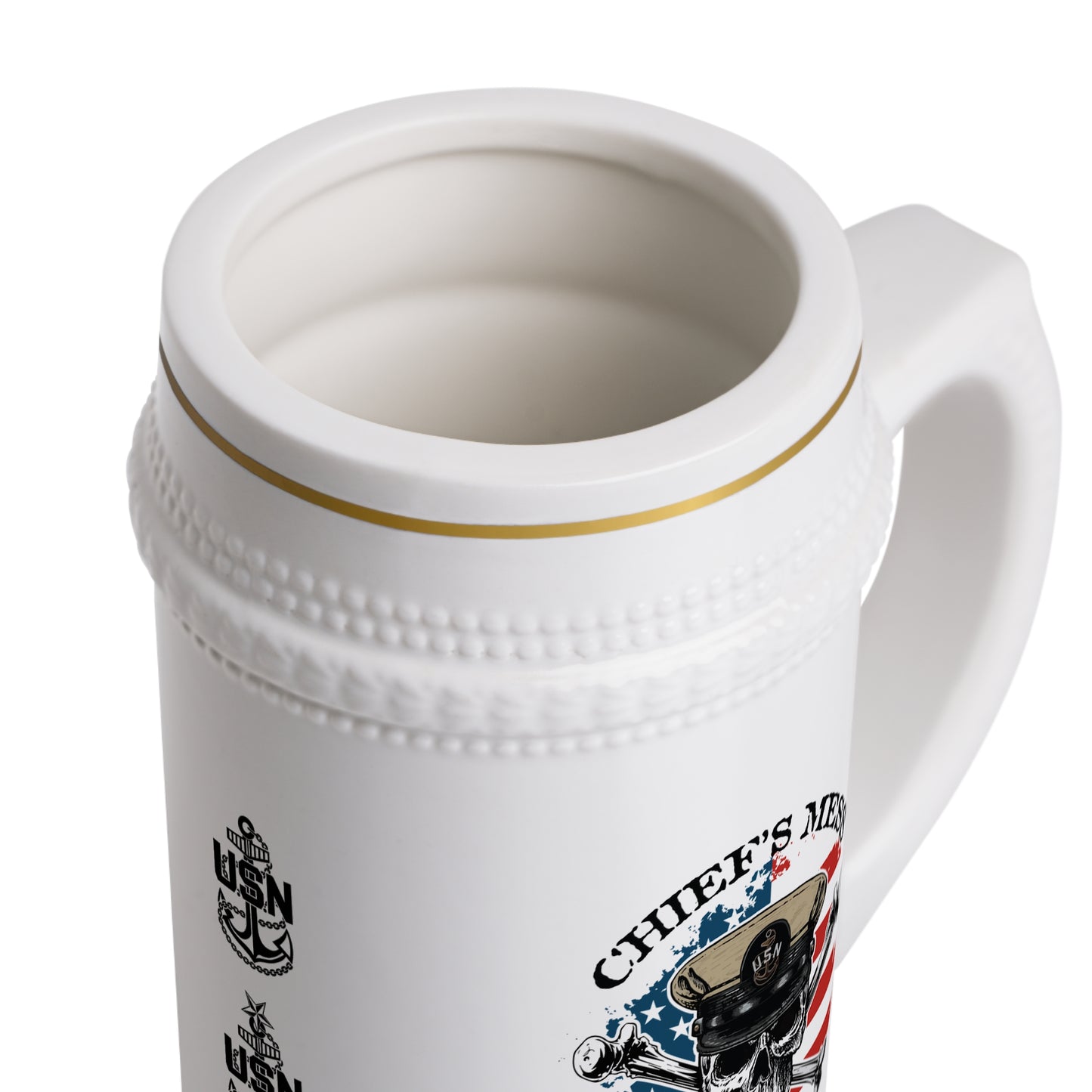 US Navy Chief's Mess Anchored Tradition CPO Skull Crossbones Sailor on Distressed USA Flag Stein Mug