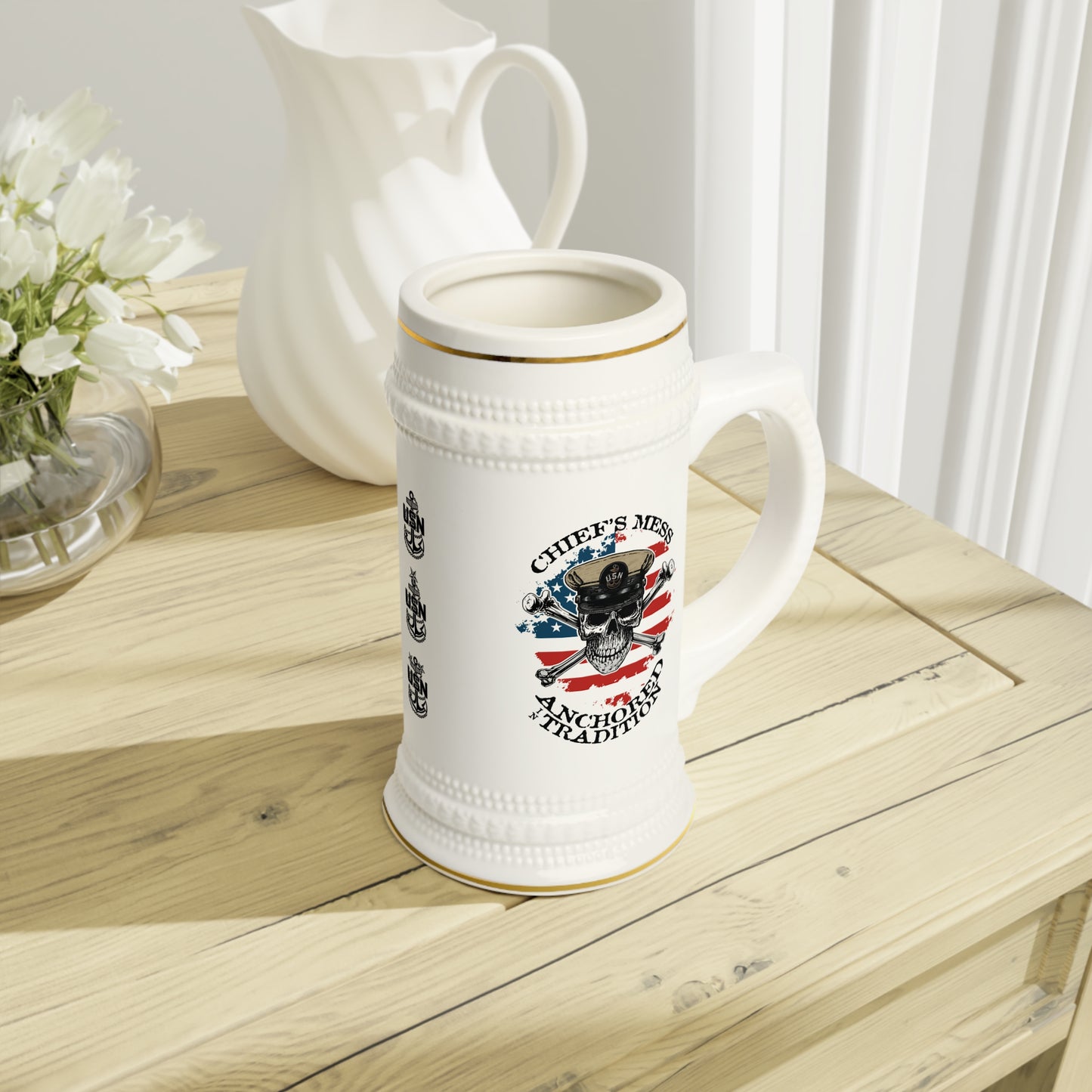 US Navy Chief's Mess Anchored Tradition CPO Skull Crossbones Sailor on Distressed USA Flag Stein Mug