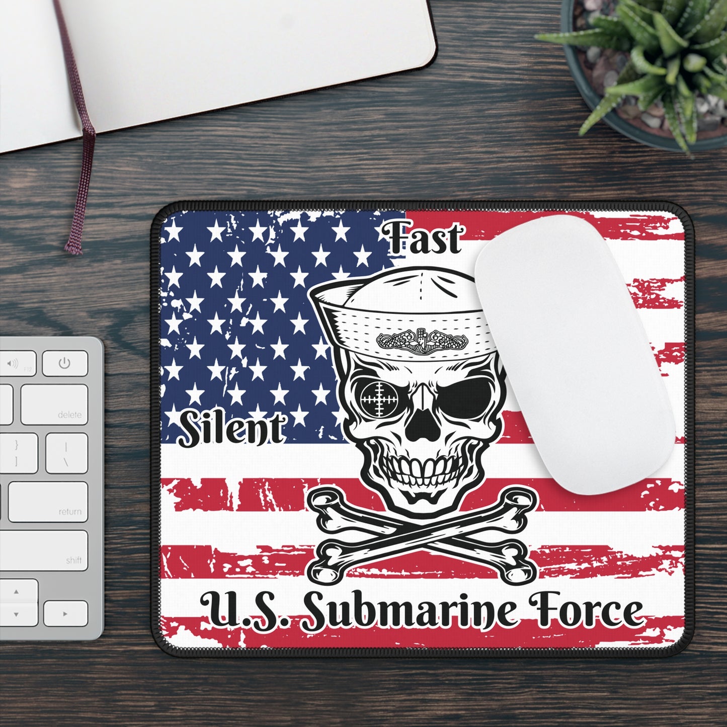 U.S. Submarine Force Silent Fast Deadly Skull and Crossbones Sailor with Distressed American Flag Gaming Mouse Pad