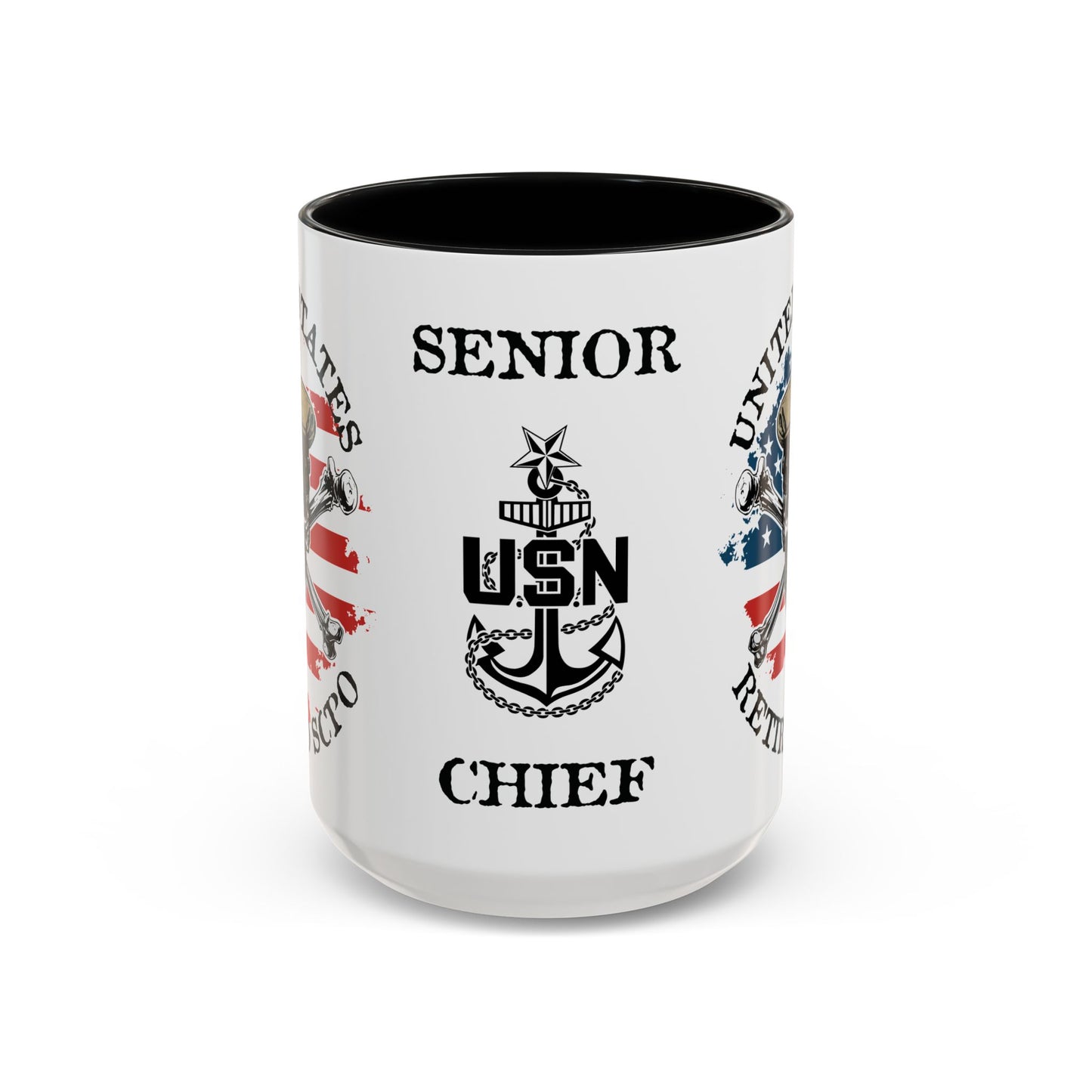 United States Navy Retired SCPO Skull Crossbones Senior Chief Petty Officer Anchor with Distressed USA Flag Accent Coffee Mugs