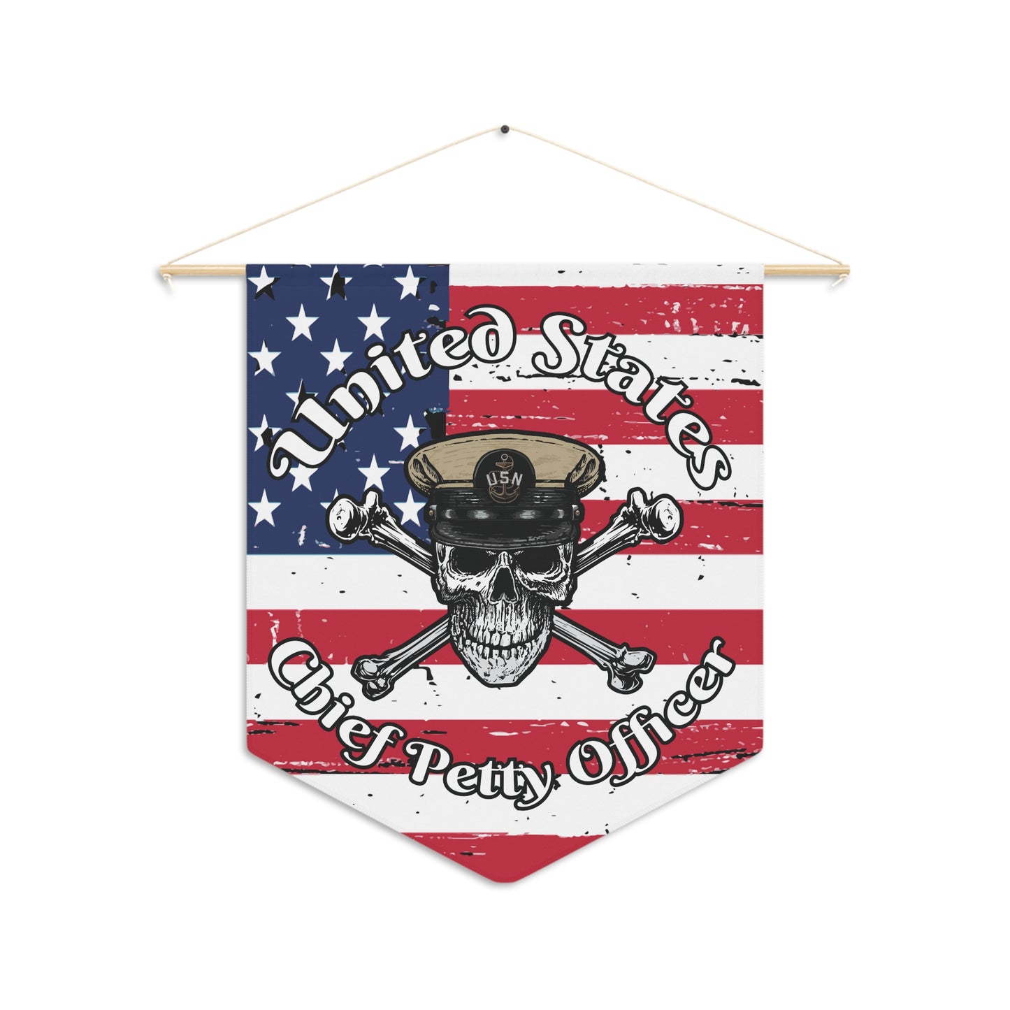 United States Navy Chief Petty Officer Skull & Crossbones on Distressed American Flag Pennant