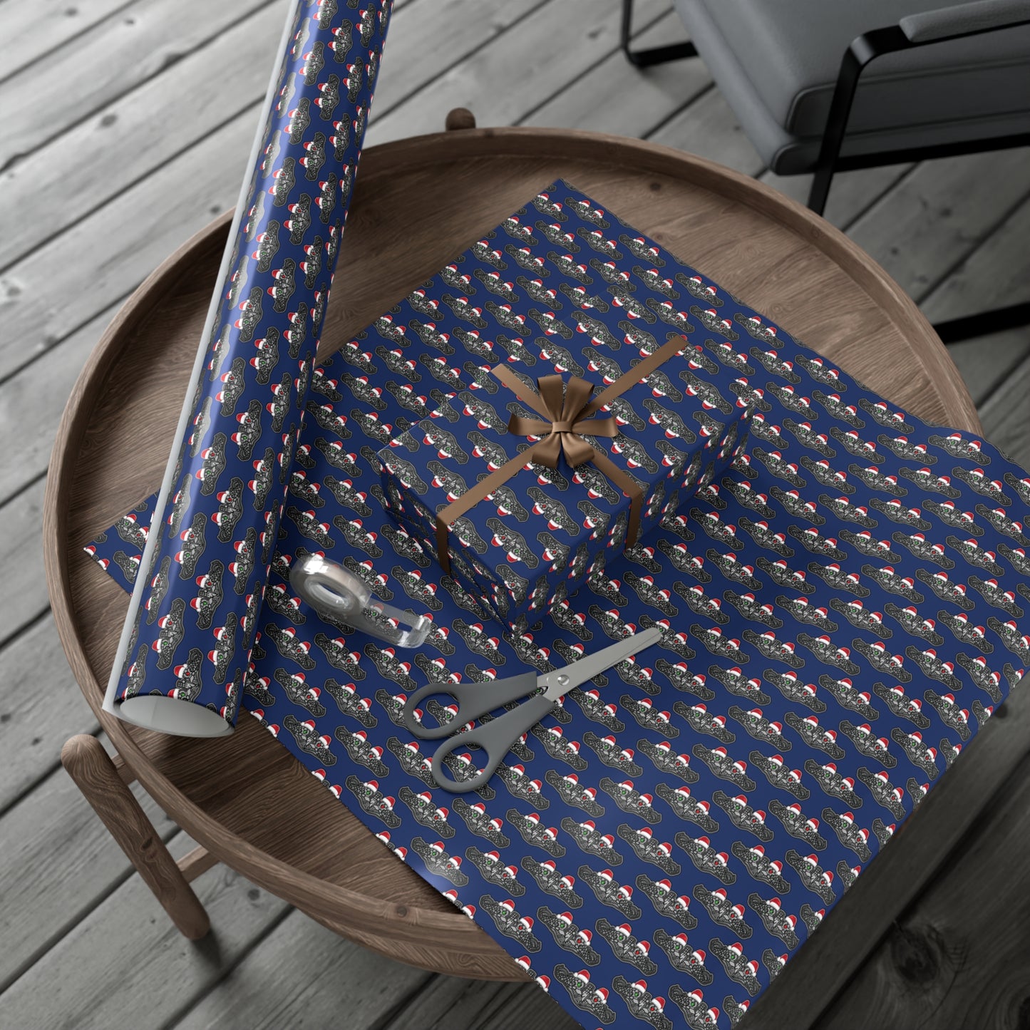 United States Navy Submarine Force Silver Enlisted Dolphins Christmas Hats with Red and Green Eyes Blue Gift Wrap Papers
