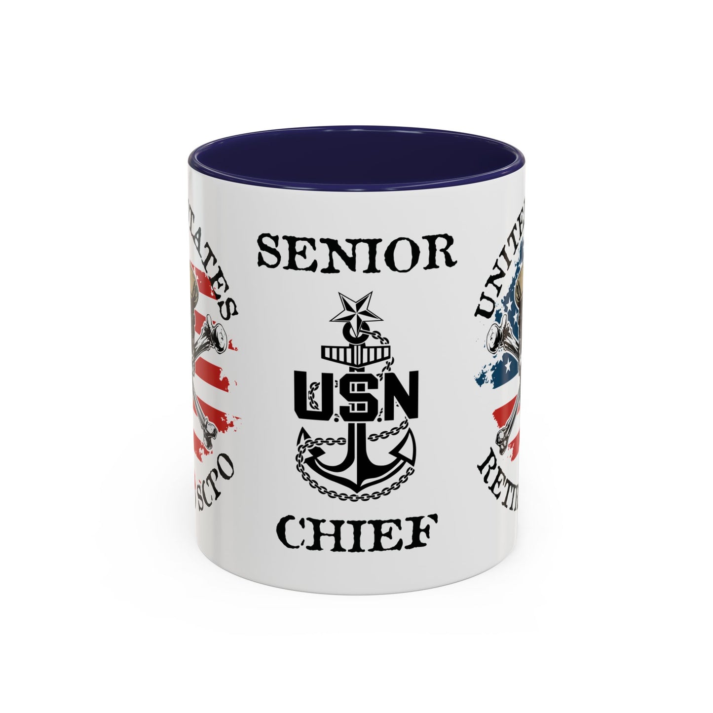 United States Navy Retired SCPO Skull Crossbones Senior Chief Petty Officer Anchor with Distressed USA Flag Accent Coffee Mugs