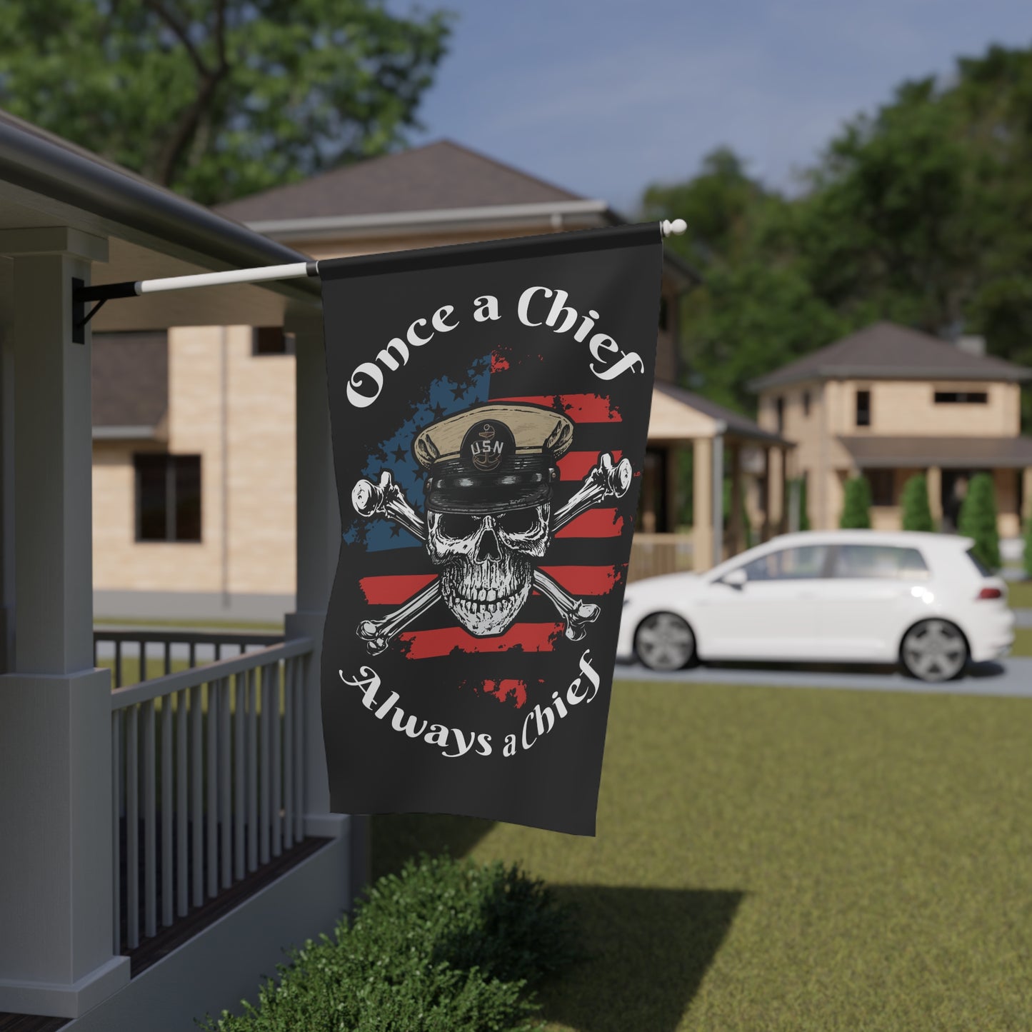 Once a Chief Skull & Crossbones Always a Chief with Distressed American Flag on Black House Banner