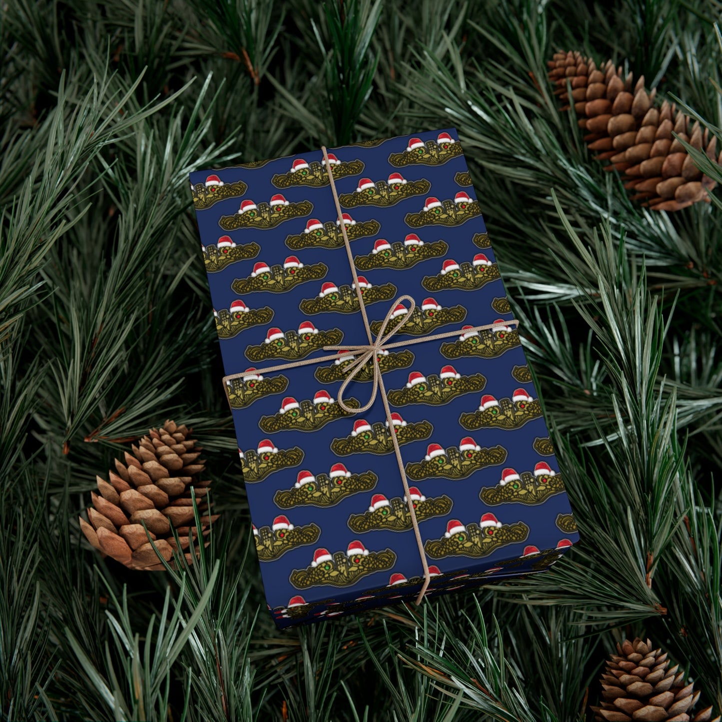 United States Navy Submarine Force Gold Officer Dolphins Christmas Hats with Red and Green Eyes Blue Gift Wrap Papers