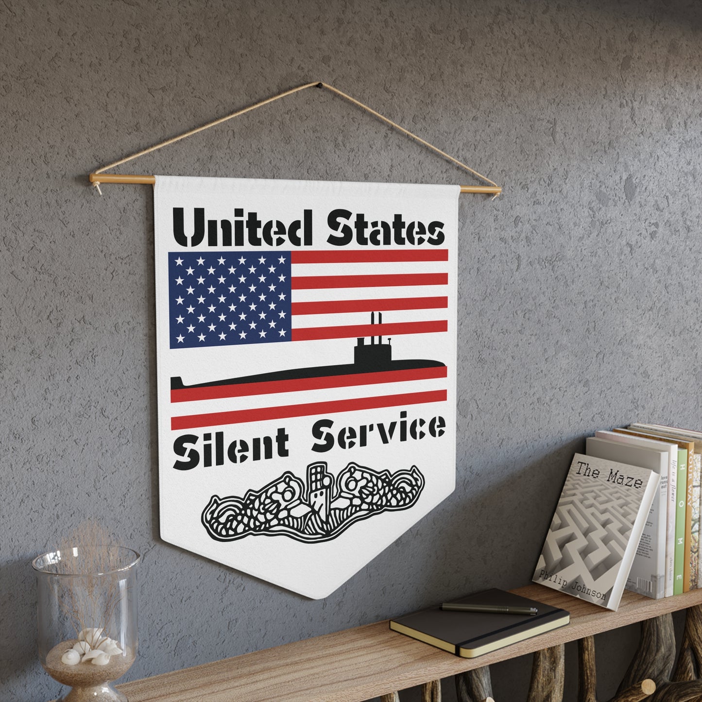 United States Navy Submarine Force Silent Service USA Flag with Dolphins on White Pennant