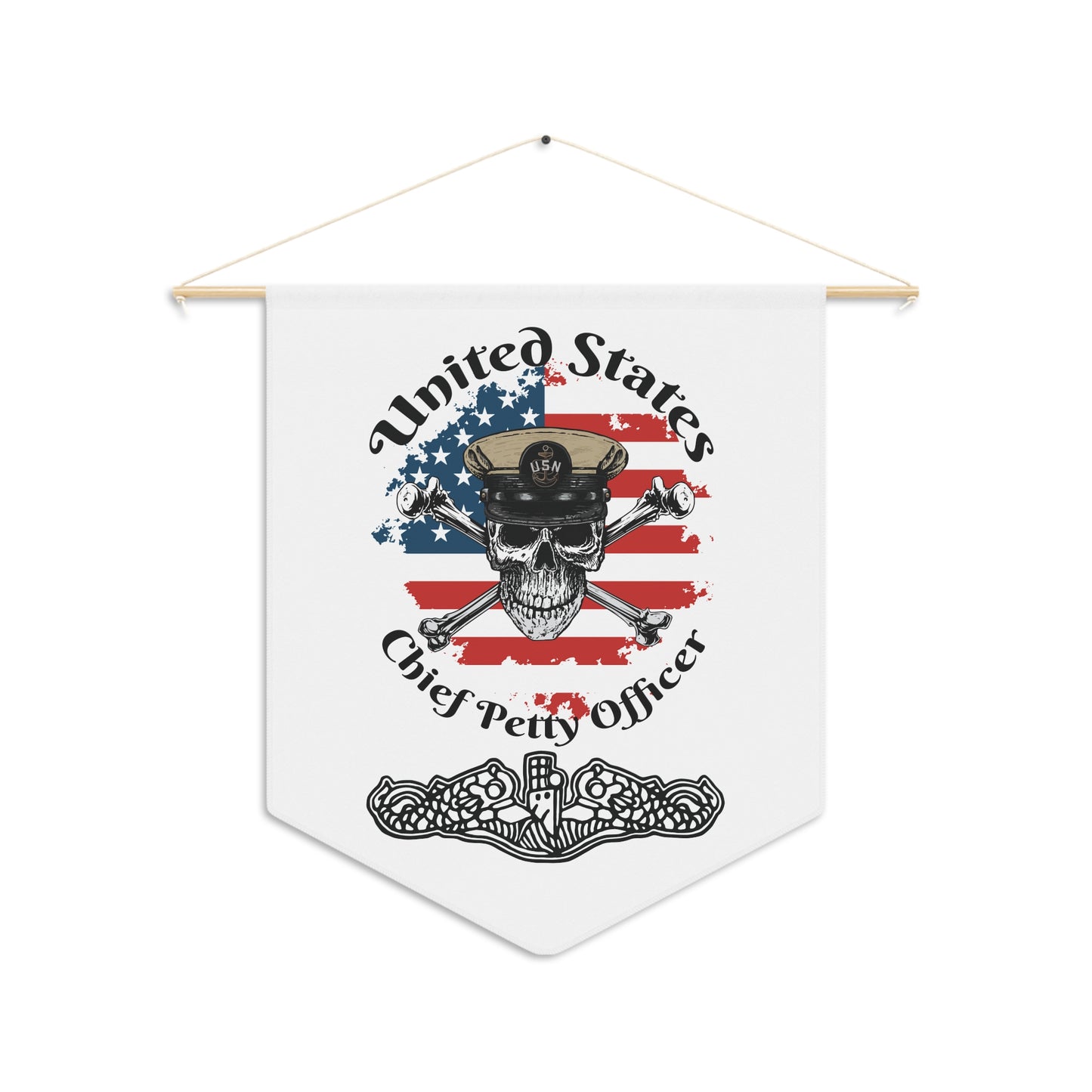 United States Navy Chief Petty Officer Skull & Crossbones on American Flag with Dolphins on White Pennant