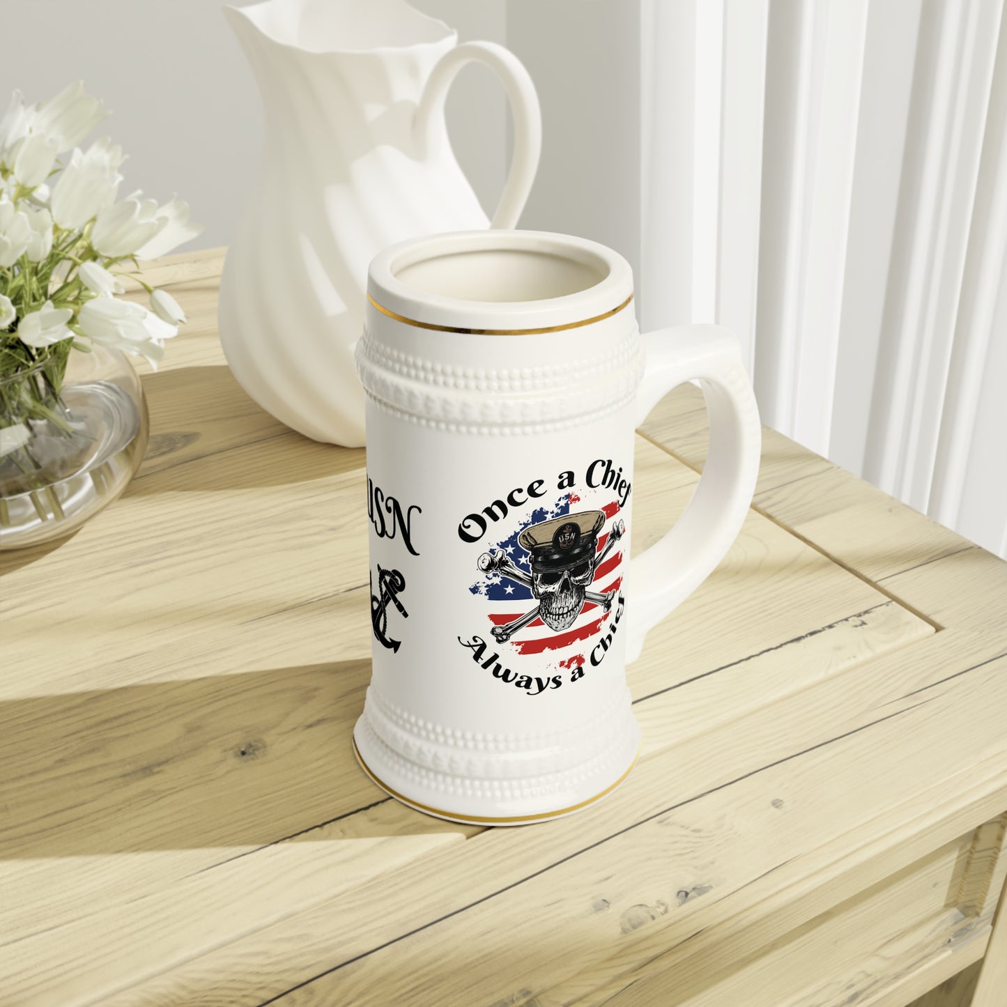 US Navy Once A Chief Always A Chief Skull & Crossbones on American Flag Stein Mug