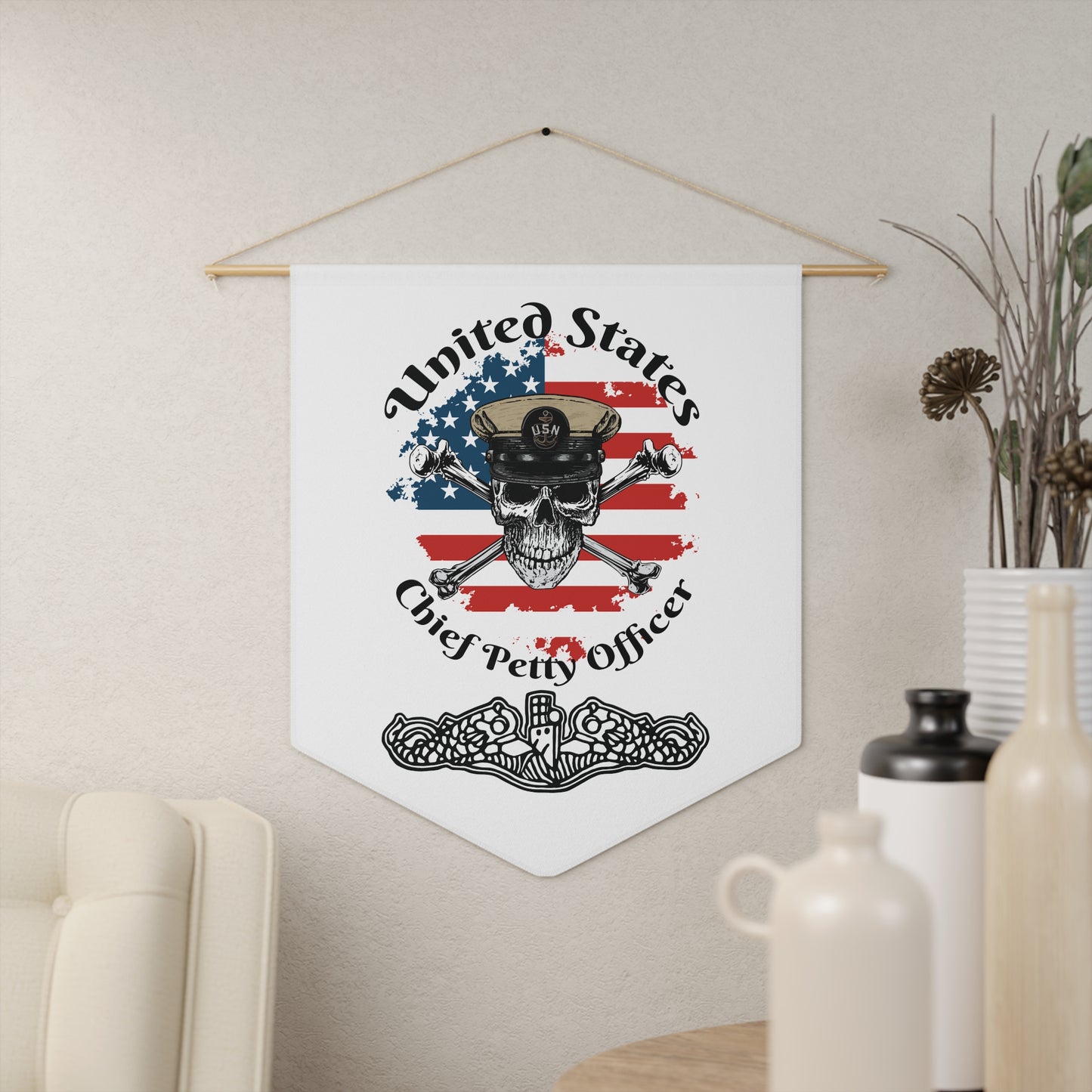 United States Navy Chief Petty Officer Skull & Crossbones on American Flag with Dolphins on White Pennant