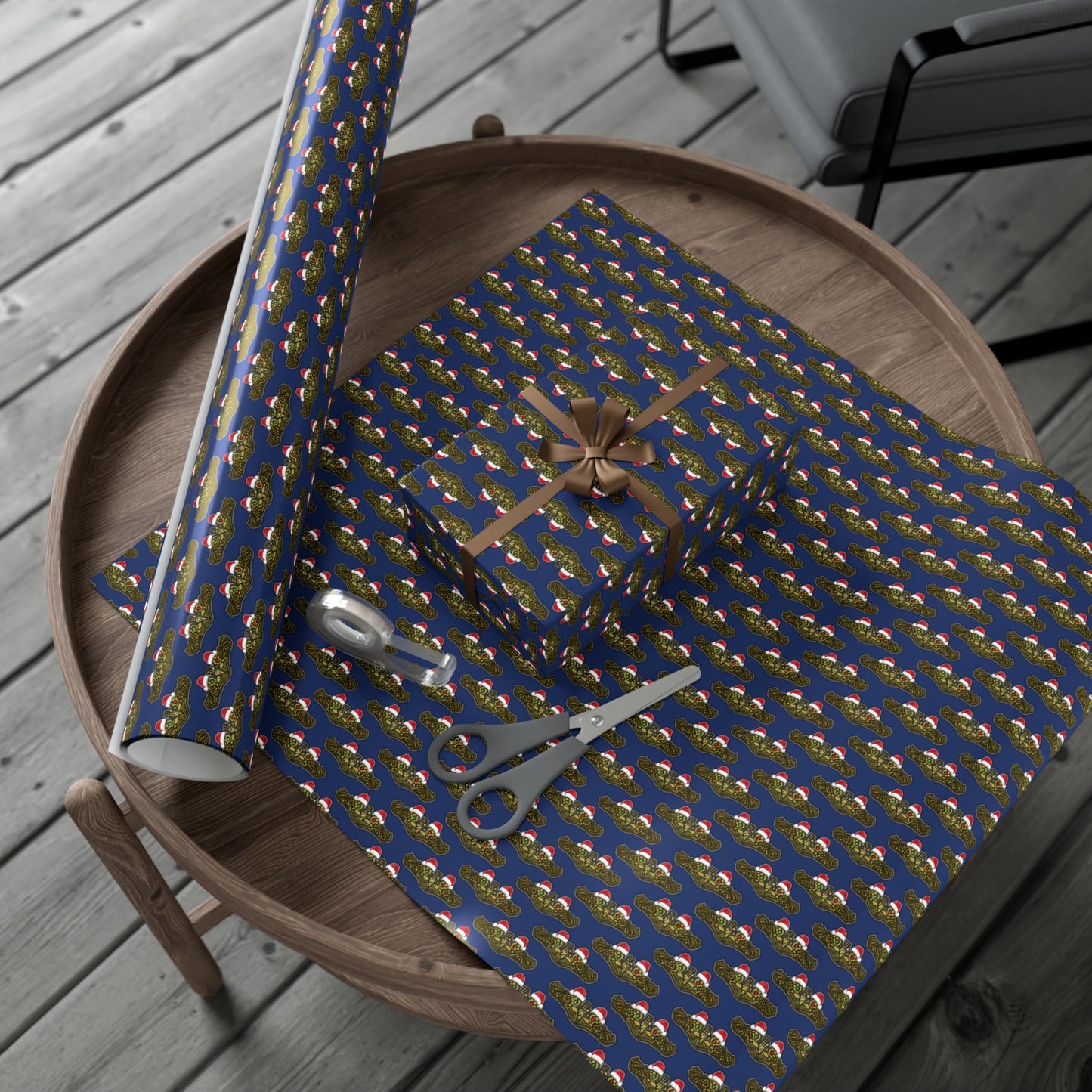 United States Navy Submarine Force Gold Officer Dolphins Christmas Hats with Red and Green Eyes Blue Gift Wrap Papers