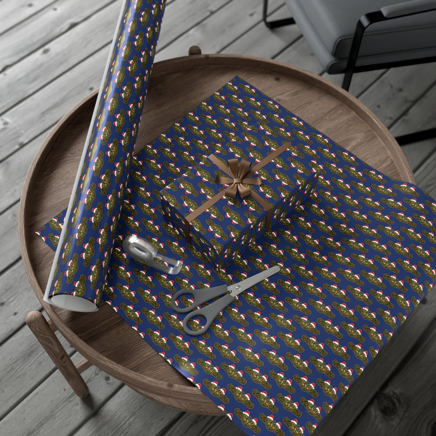 United States Navy Submarine Force Gold Officer Dolphins Christmas Hats with Red and Green Eyes Blue Gift Wrap Papers