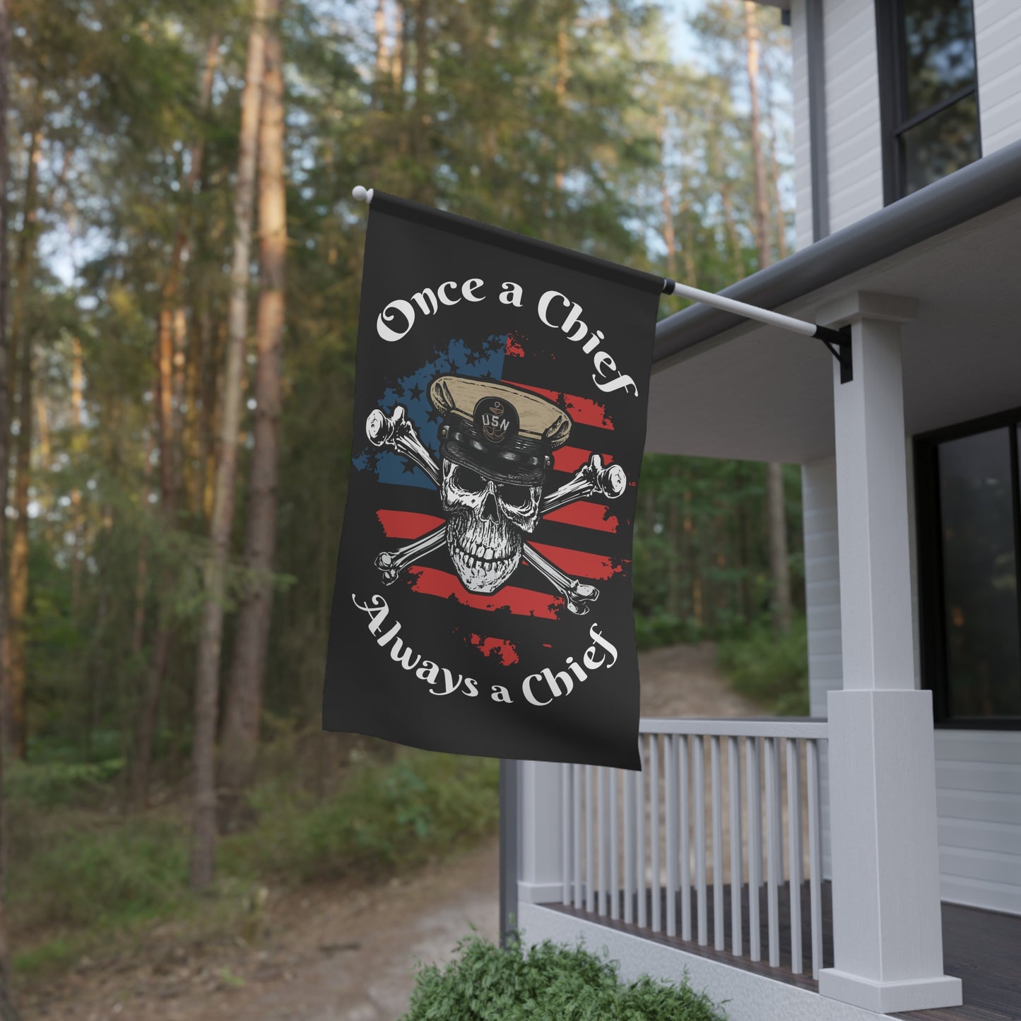 Once a Chief Skull & Crossbones Always a Chief with Distressed American Flag on Black House Banner