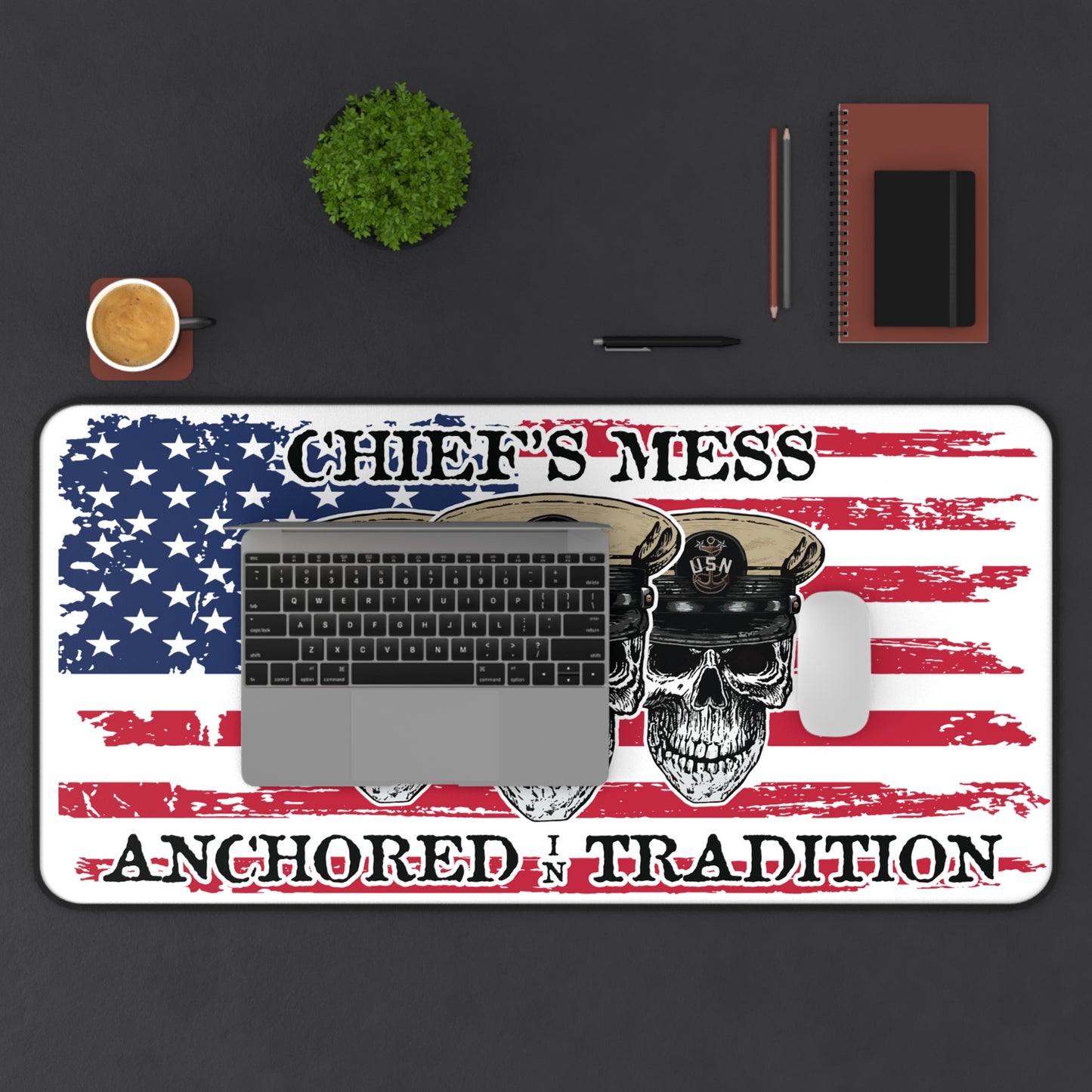 Chief's Mess Anchored Tradition CPO Sailor Skull's with Distressed USA Flag Desk Mat