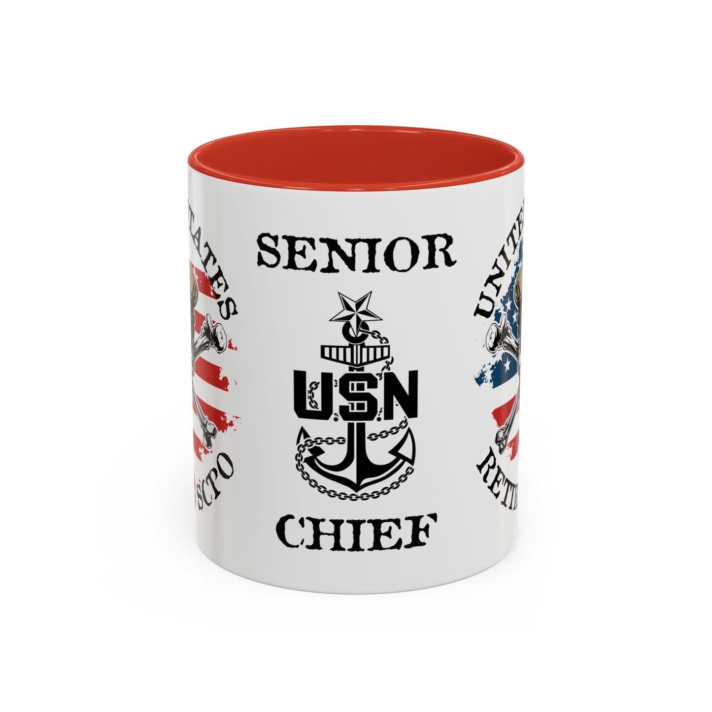 United States Navy Retired SCPO Skull Crossbones Senior Chief Petty Officer Anchor with Distressed USA Flag Accent Coffee Mugs