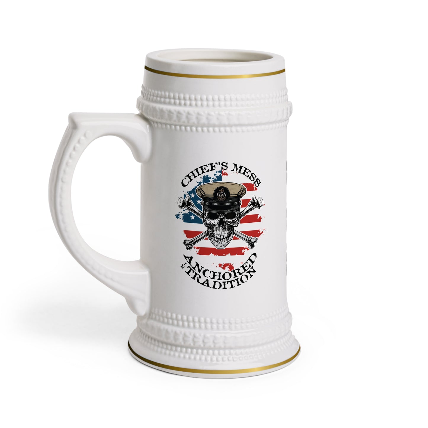 US Navy Chief's Mess Anchored Tradition CPO Skull Crossbones Sailor on Distressed USA Flag Stein Mug
