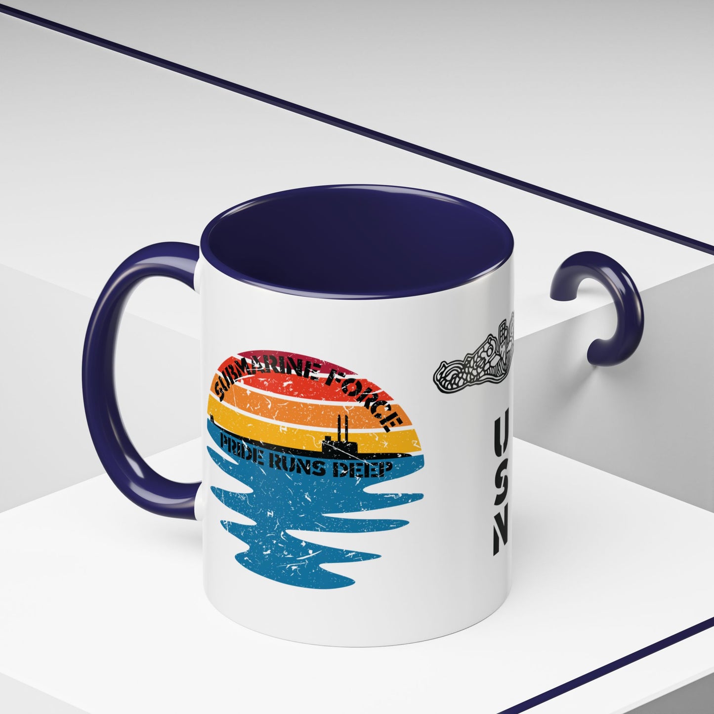 Sunrise United States Navy Submarine Force Pride Runs Deep Distressed Accent Coffee Mugs