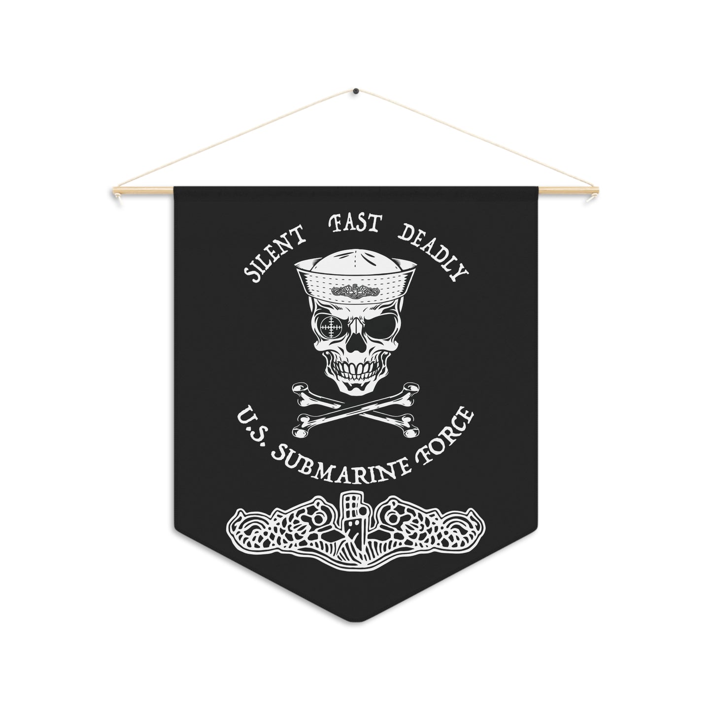 US Navy Submarine Force Skull and Crossbones Sailor with Dolphins on Black Pennant