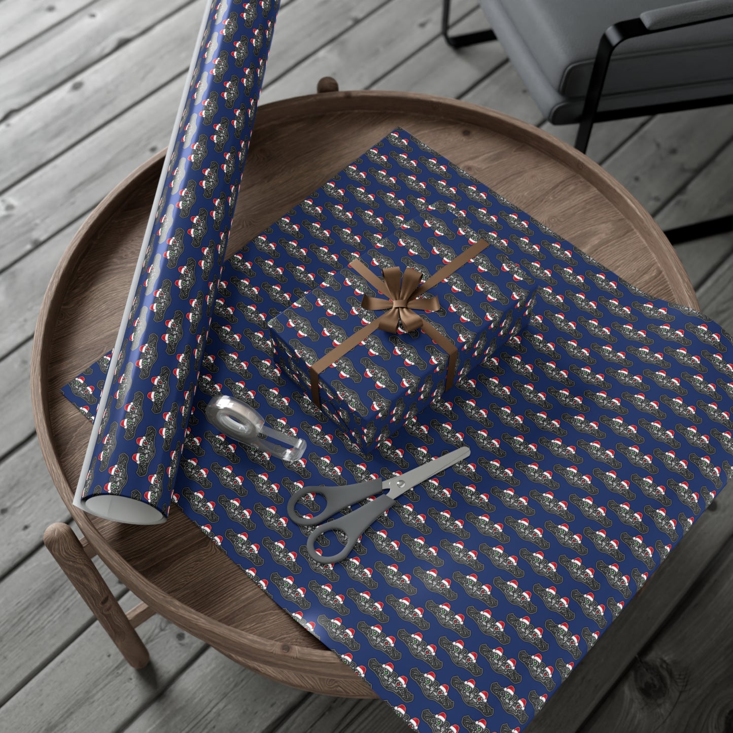 United States Navy Submarine Force Silver Enlisted Dolphins Christmas Hats with Red and Green Eyes Blue Gift Wrap Papers