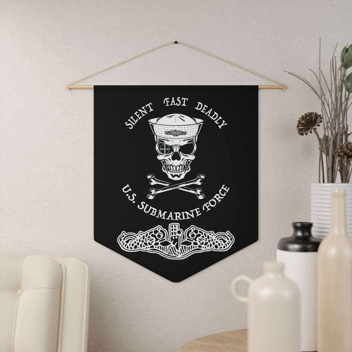 US Navy Submarine Force Skull and Crossbones Sailor with Dolphins on Black Pennant