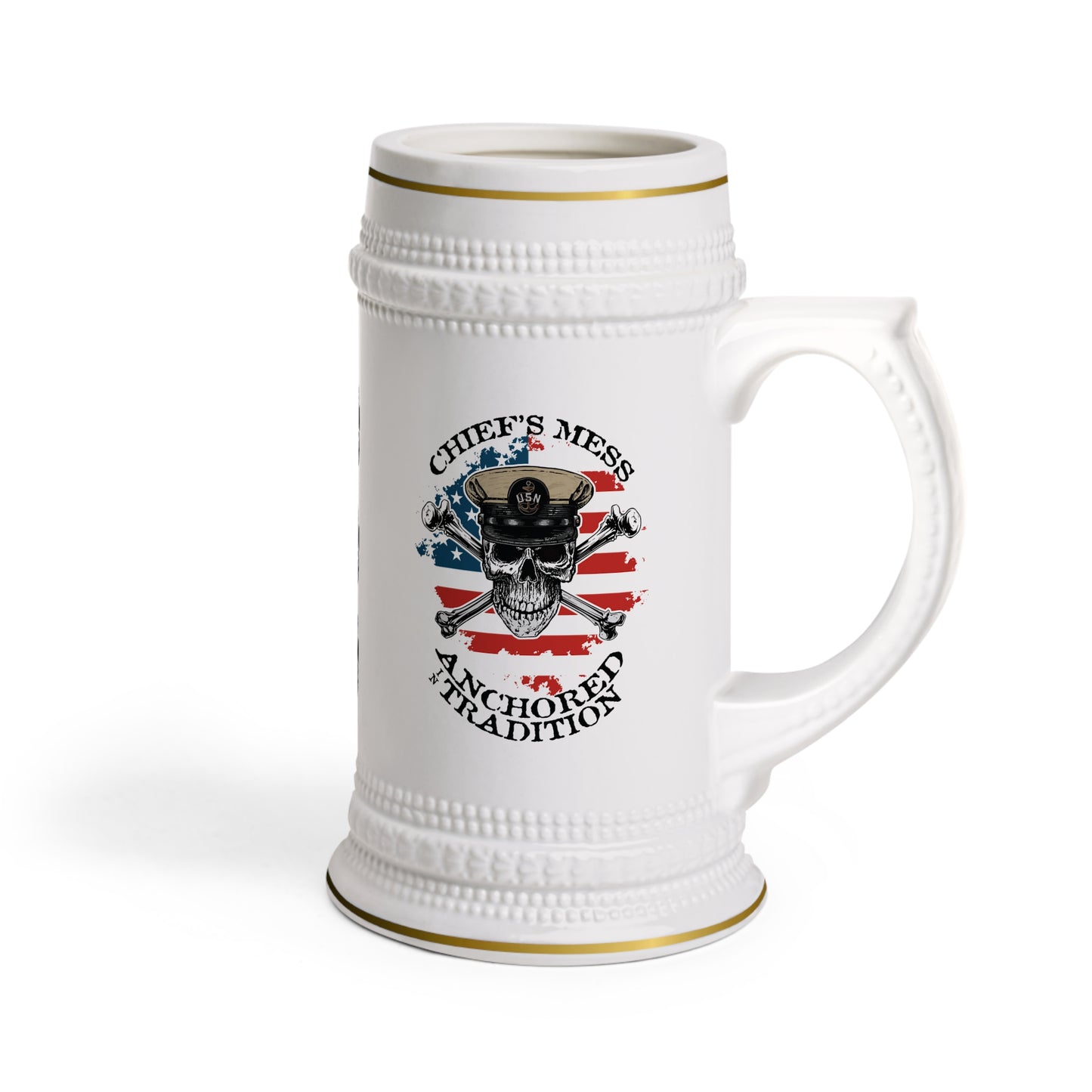US Navy Chief's Mess Anchored Tradition CPO Skull Crossbones Sailor on Distressed USA Flag Stein Mug