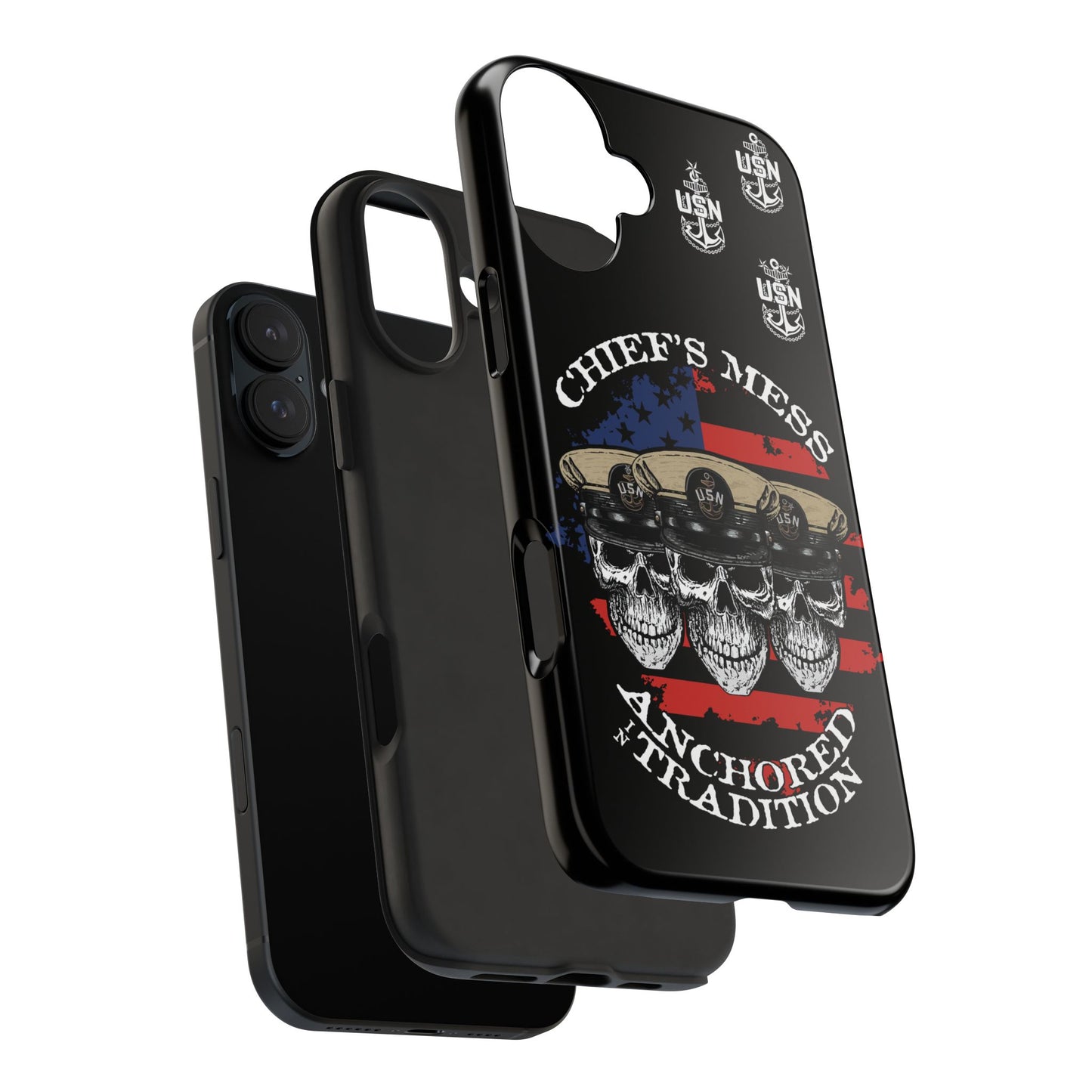 Chief's Mess Anchored Tradition CPO Sailor Skulls on Distressed USA Flag Black Tough iPhone Case
