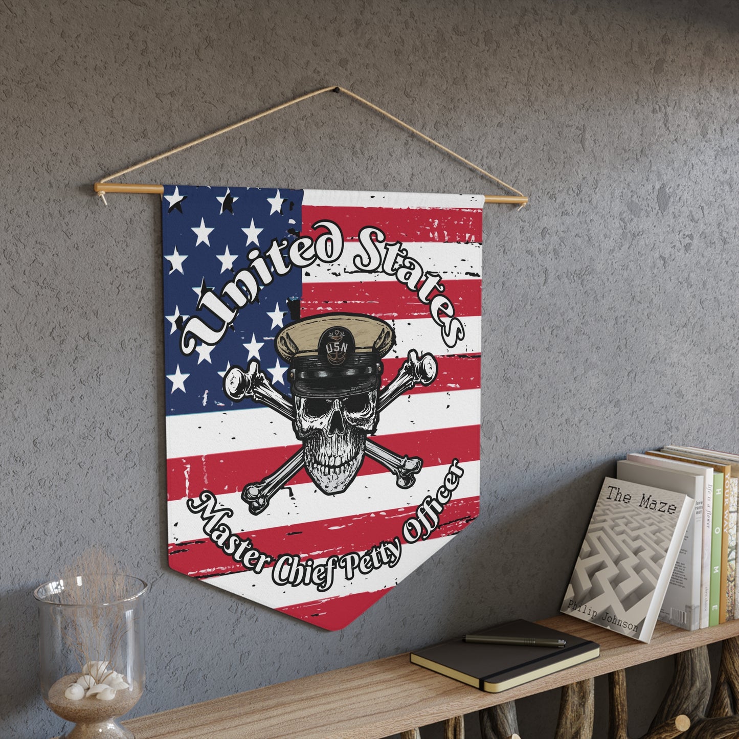 United States Navy Master Chief Petty Officer Skull & Crossbones on Distressed American Flag Pennant